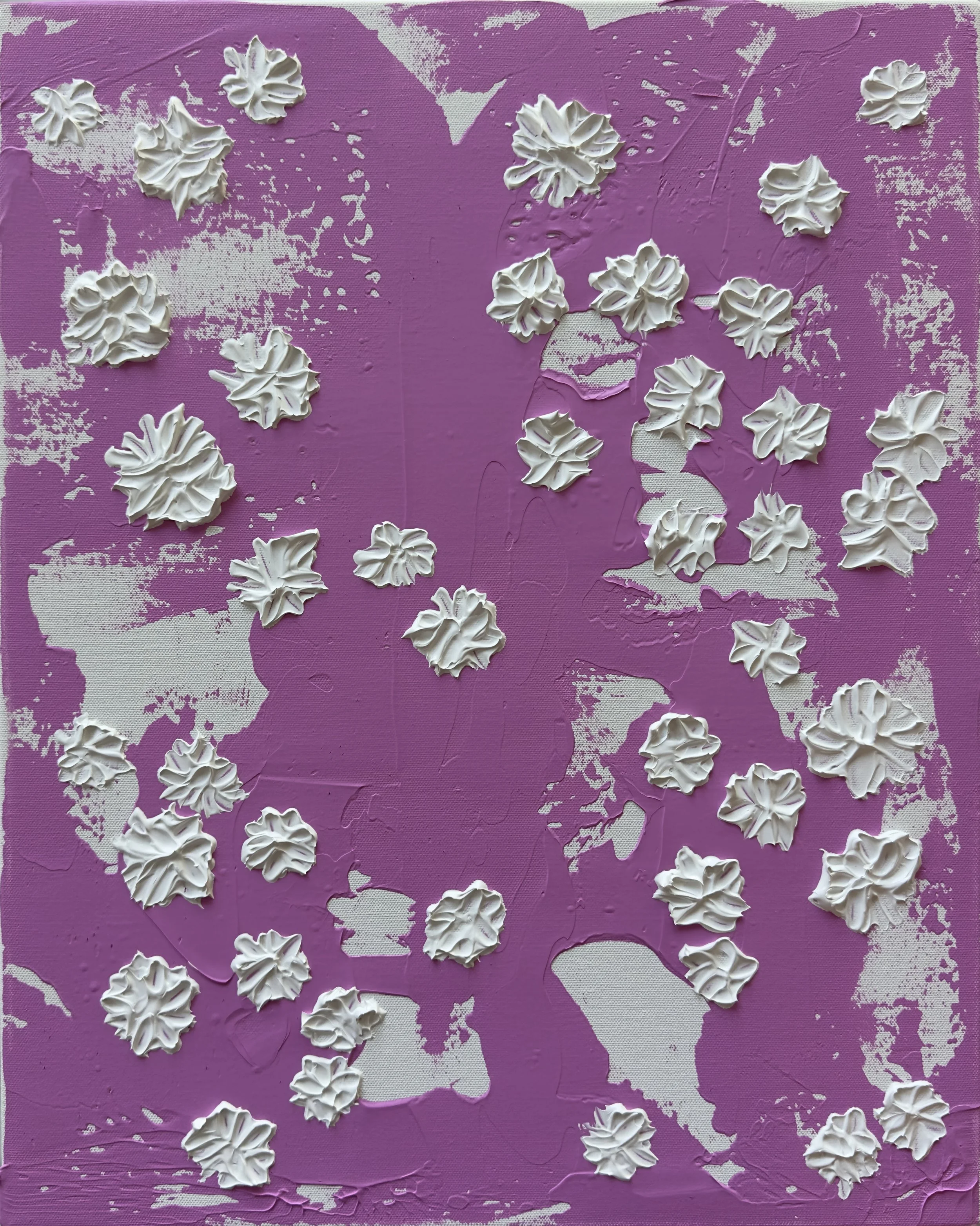   “Whispers on Pink”  – This painting captures the tender rhythm of life’s fleeting joys. Set against a vivid pink ground, clusters of white, star-like forms – evoking blossoms, snowflakes, or constellations – scatter across the surface in playful bu