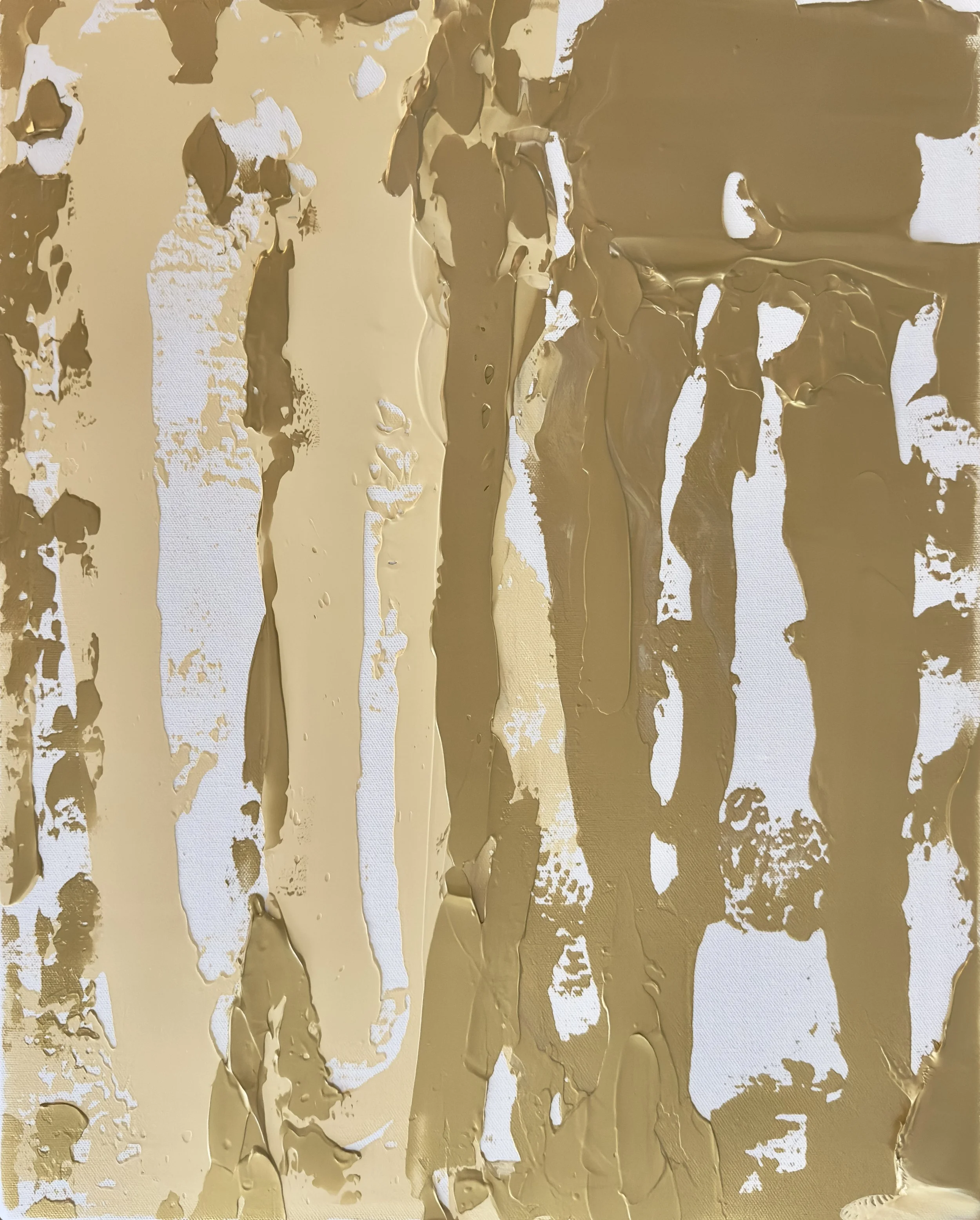   “The Weight of Togetherness”  –  This painting is a metaphor for two human relationships, the vertical streaks become like figures – sometimes parallel, sometimes colliding, sometimes pulling apart. The thick, layered paint reflects the weight and 