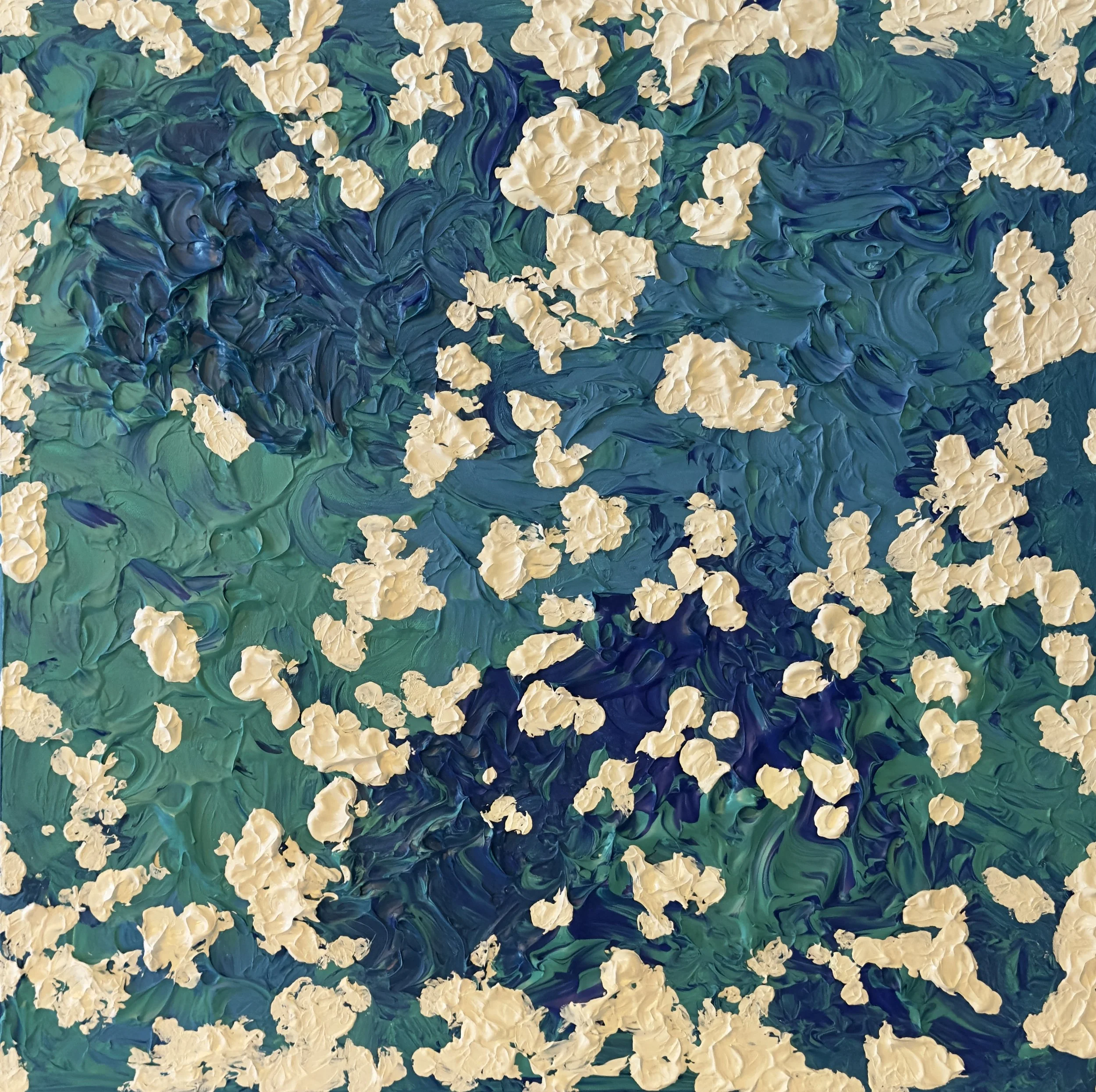   “Our Ocean”  – the deep, swirling blues represent the depths of connection – the unseen layers of emotion, history, and vulnerability that exist between people. The different shades, from lighter turquoise to darker navy, mirror the range of moods 