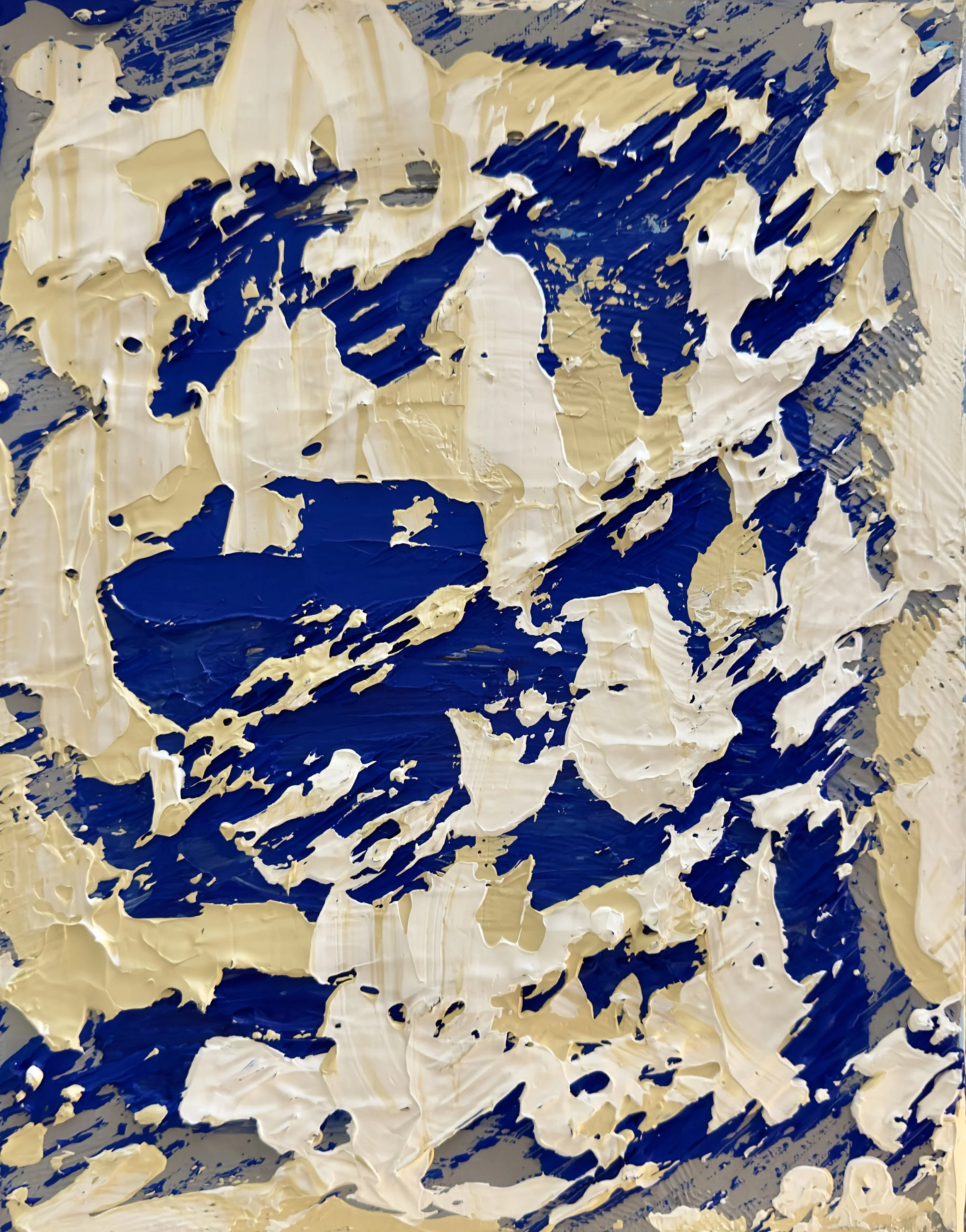   “Breaking Silence”  – This work captures the vitality of a storm – an encounter of forces that is both textured and raw. Thick, layered strokes of beige and white cut across deep blue, evoking the rhythm of crashing waves, windswept clouds, and fra