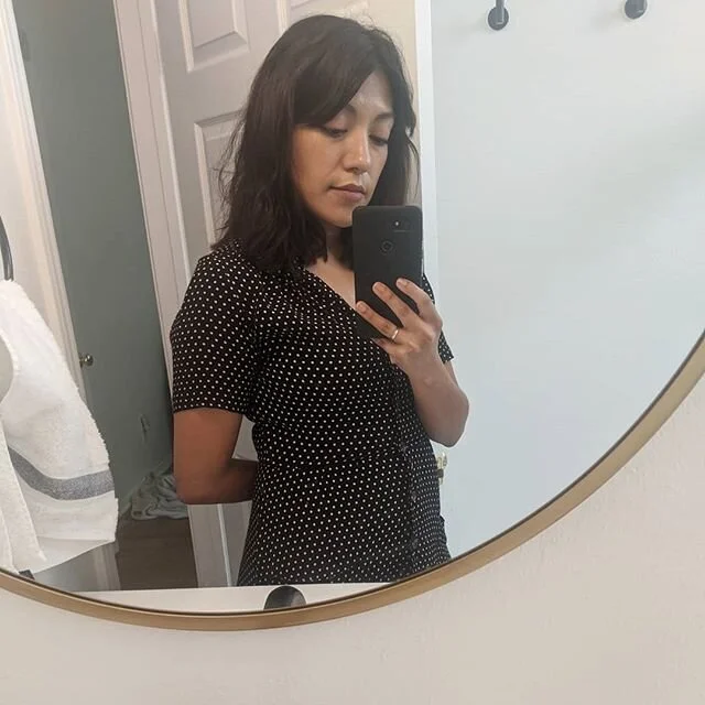 Finally got my bangs to cooperate after cutting my own hair. Also I completed a week of brushing my teeth and getting ready for work. Small but big wins. My head looks really big here. It's the mirror (right?!). #socialdistancing #anxiety #wfh #tgif