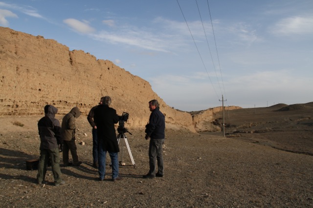   Filming mud brick end of The Great Wall, Inner Mongolia  