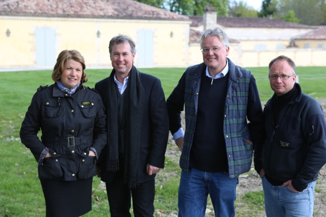   This shot was taken at Chateau Margaux, Bordeaux. Corinne Mentzelopoulos (l) is the owner, me (Warwick Ross, producer, co-director), Andrew Caillard MW (Associate Producer) and Grant Lawson (sound). Chateau Margaux was the most generous of all with