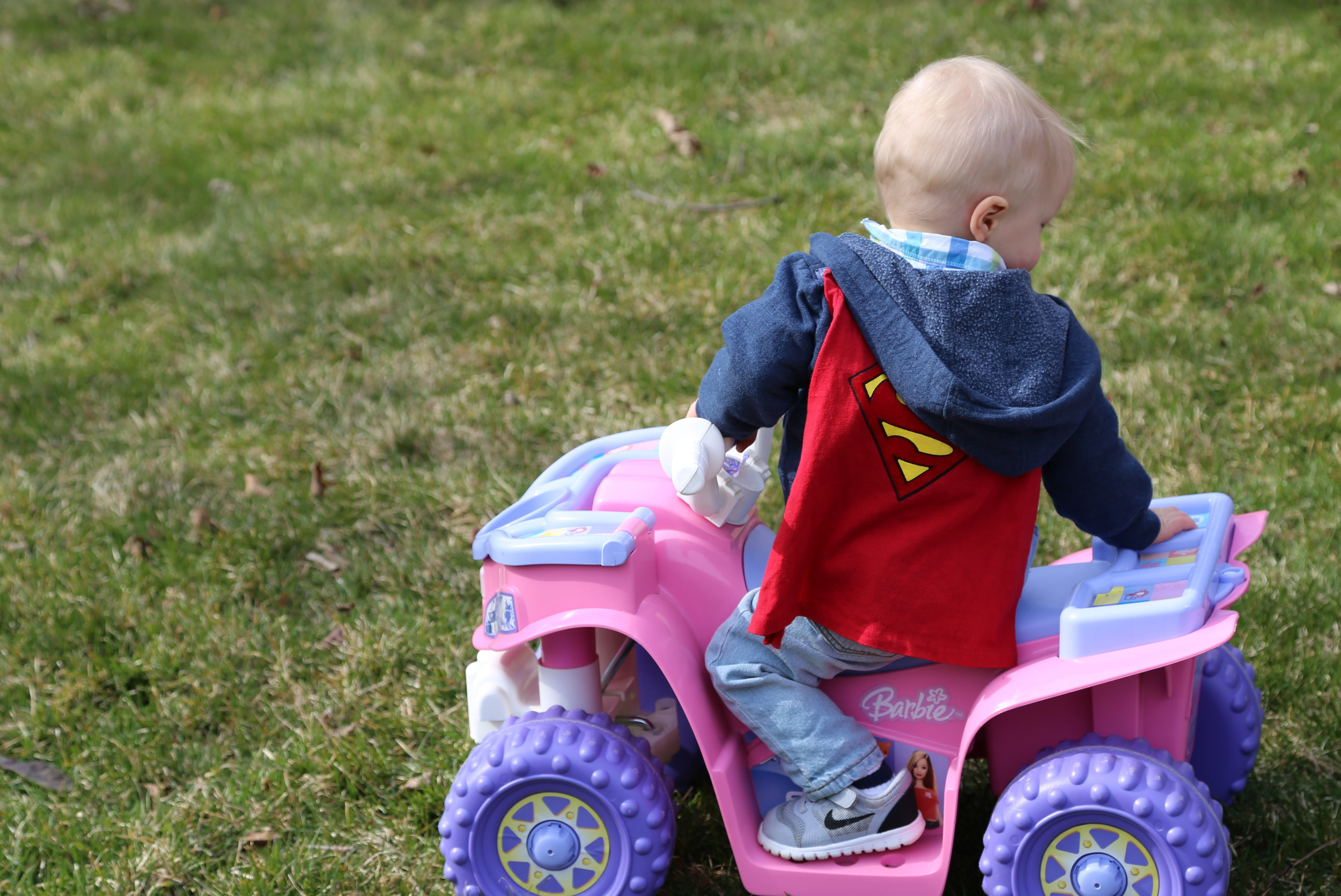 Ya know, Superman always rides in his cousin's Barbie Car!