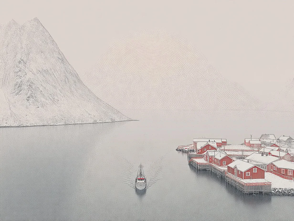 fishing boat sailing into Reine harbor minimalistic.jpg
