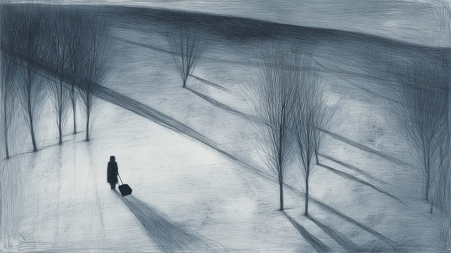 girl pulling suitcase past snowy trees 2.jpg