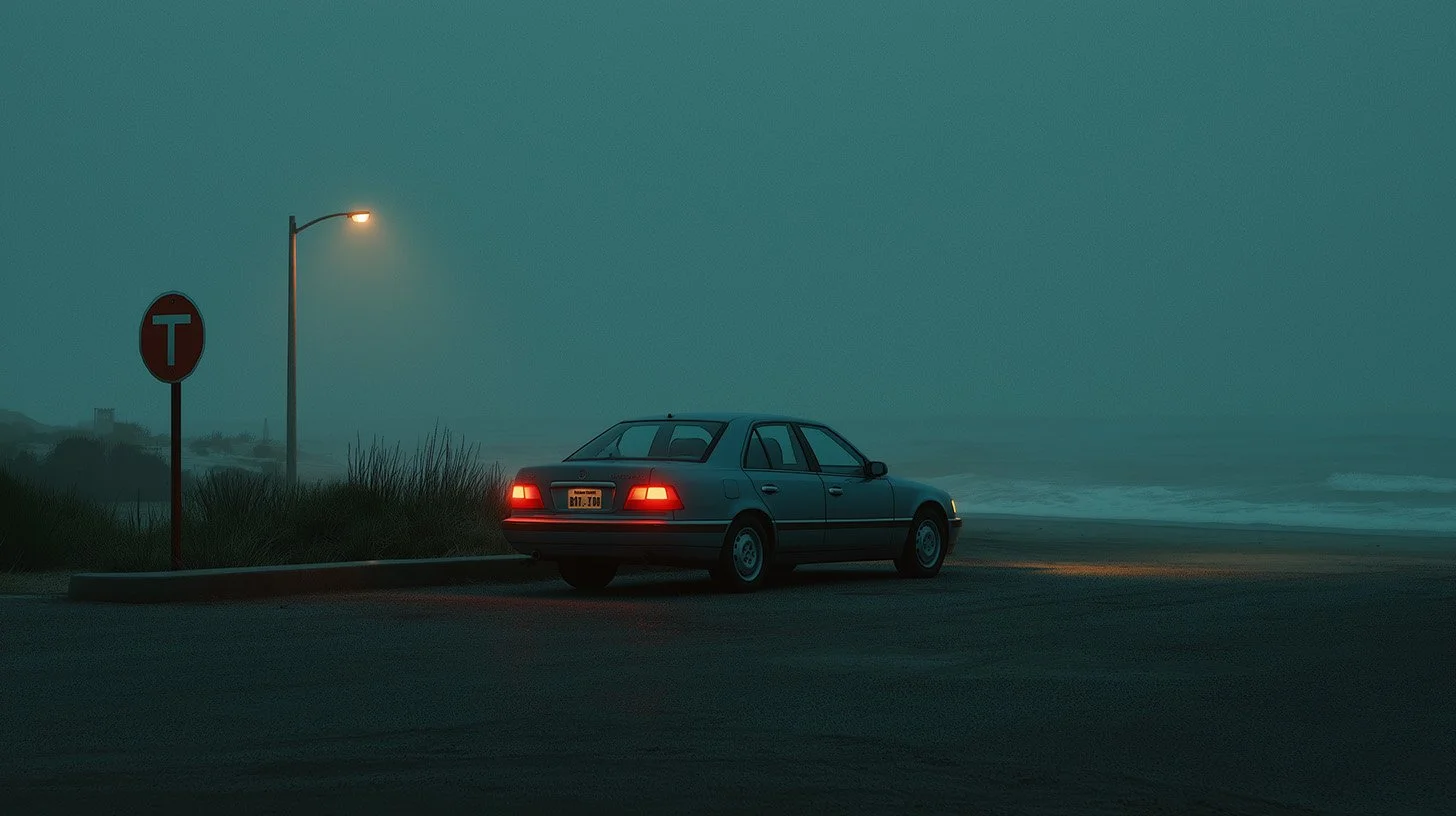 car at end of road facing beach dusk 1.jpg