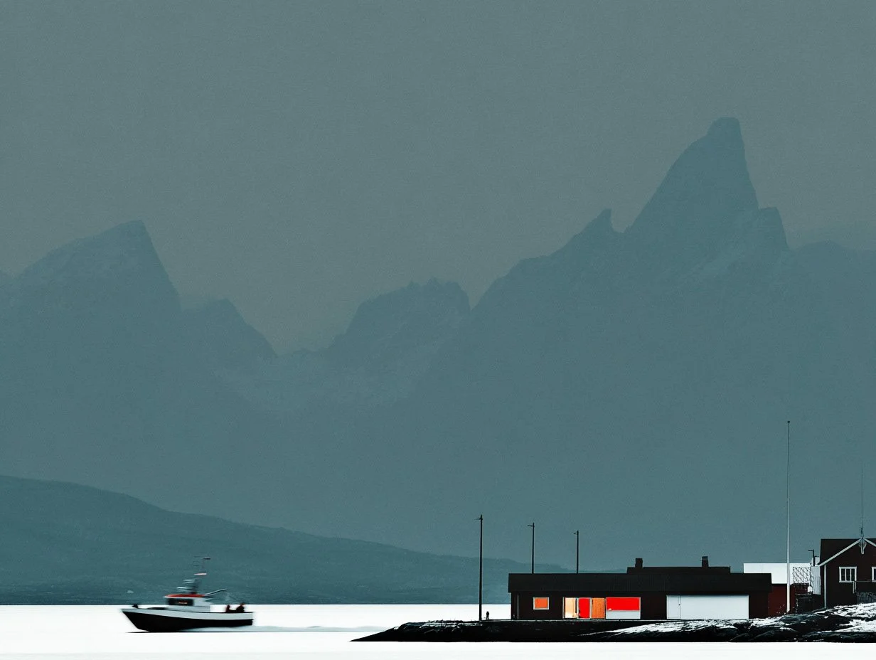 boat racing past colorful house dark mountain simple colors.jpg