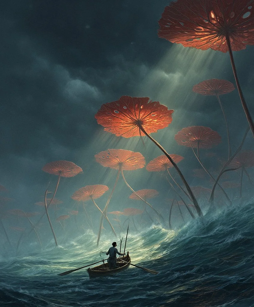figure in rowboat in huge waves giant red flowers 7.jpg