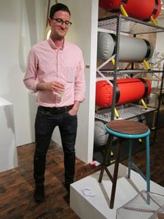 Pictured here with my Sympathy Stool in the cyan color option. In the background are Jamie Wolfond's emergency benches.