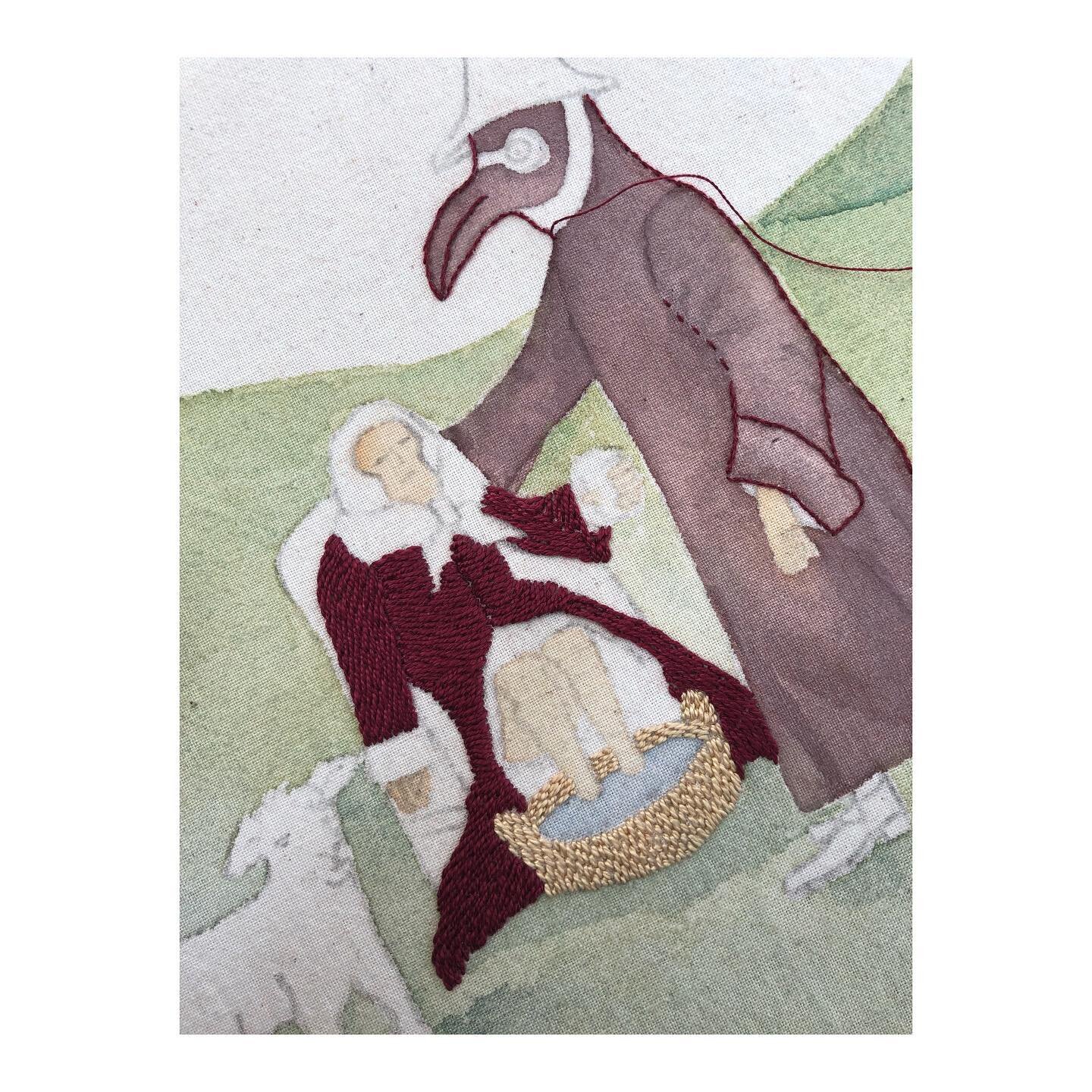 Baden.
Estudios bordados del m&eacute;dico, el enfermo y la oveja.
Bordado y acuarela @piedrasy_agua sobre tela.

#embroideryart 
#embroiderywatercolor 
#baden
#sheep