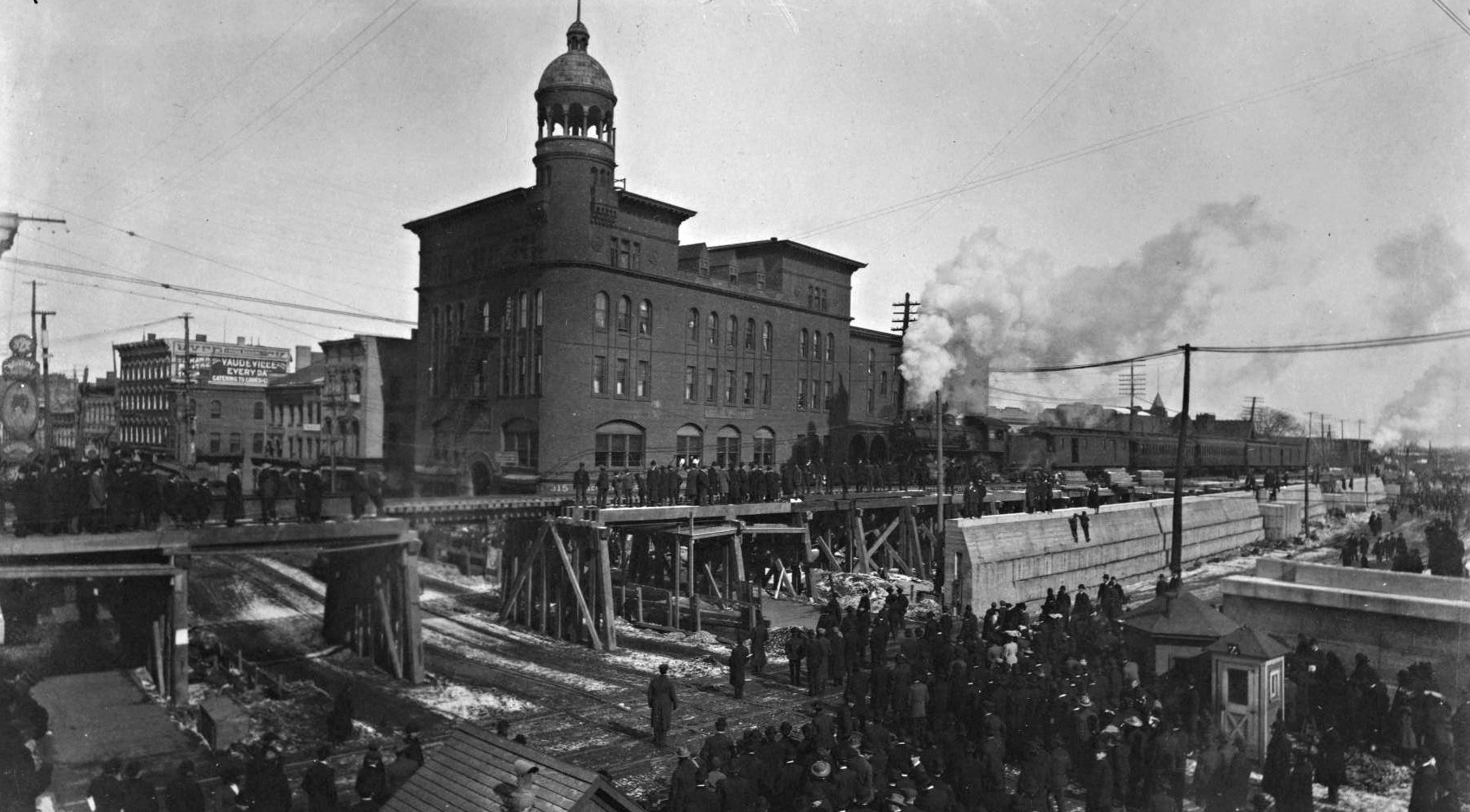 New York Central track elevation under construction at State Street intersection, c. 1905. Image source, SCHS