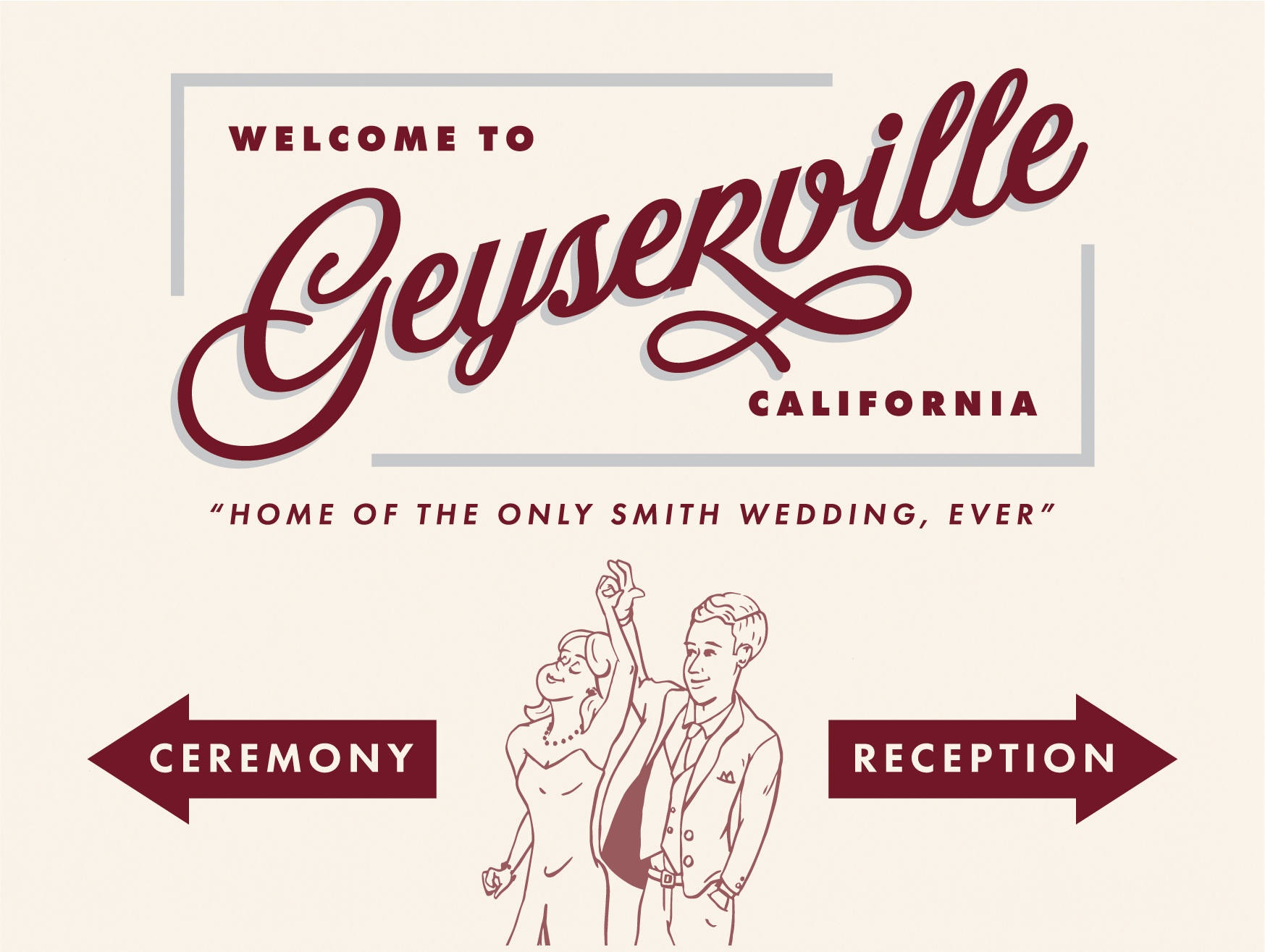 This was the sign in front of our wedding venue. My wife created the illustration of the two of us dancing, and we wanted to make the rest of the sign feel like it was something you’d see as you entered a little town.