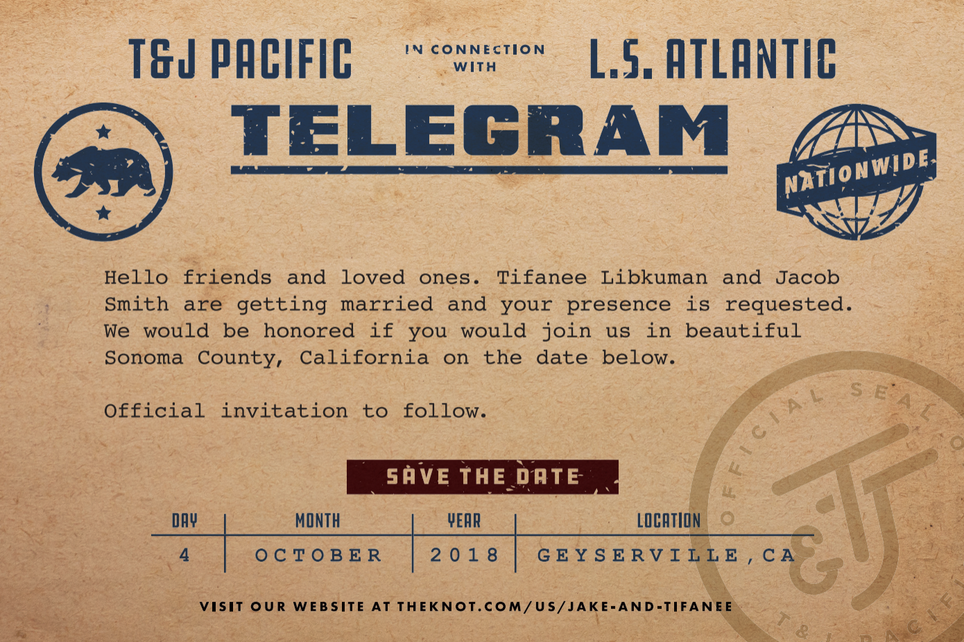 Our “save the date” was a vintage telegram. We used the monogram we created to act as an “official” seal as well.