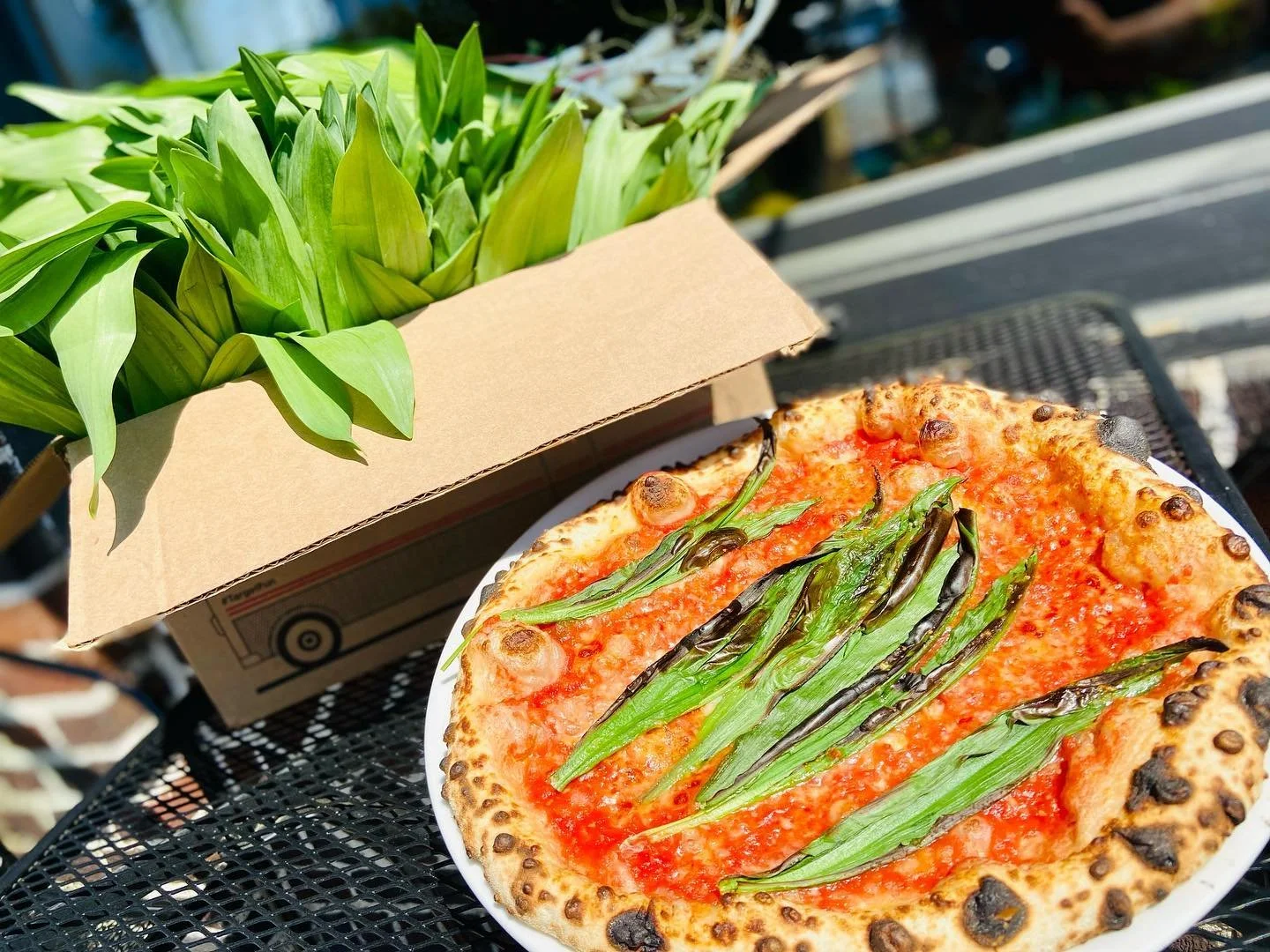 Ramping up for a GREAT WEEKEND! Thanks to Darrin for providing the bounty of locally harvested wild ramps. Served two ways: red and white. 

Red: sauce, parm, ramps (shown)

White: ramp pesto, pine nuts, burrata