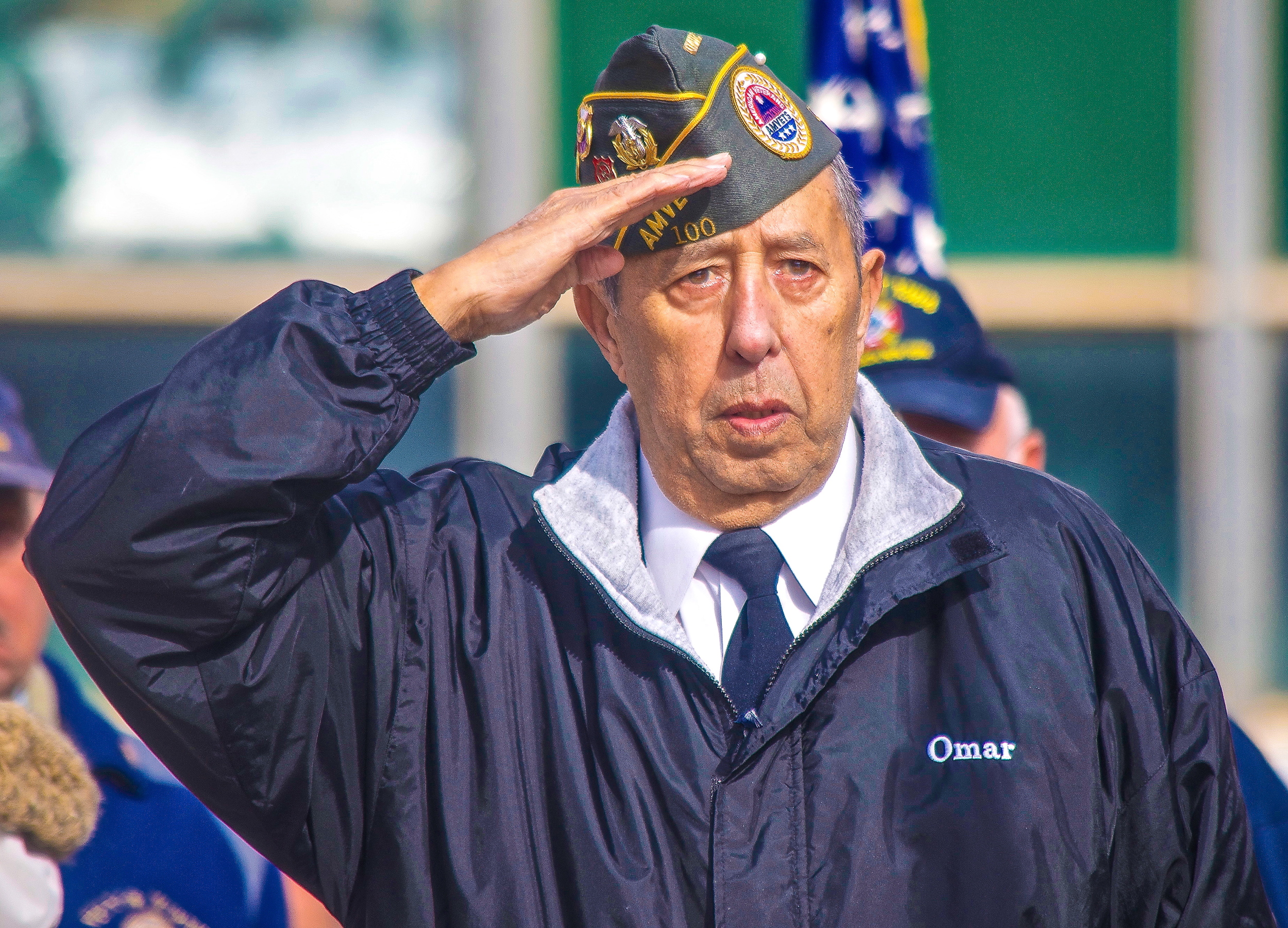   Omar Karom, commander of AMVETS South Shore Post 100 in Long Beach, New York, leads a Veterans Day ceremony at Kennedy Plaza outside Long Beach City Hall.   