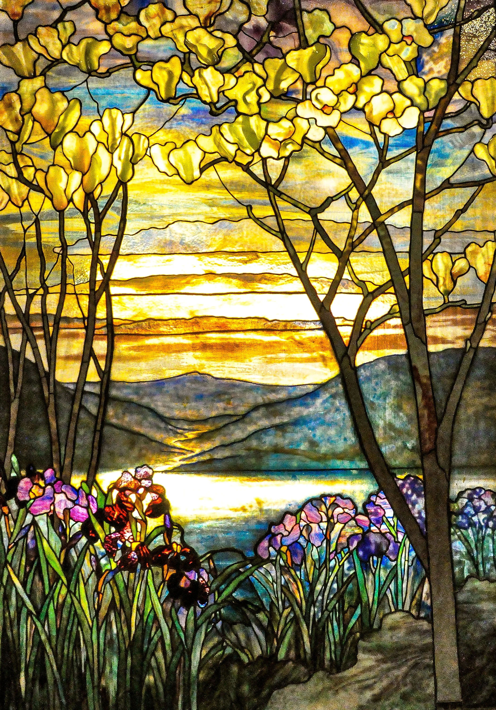 Magnolias and Irises Glass Panel Tiffany