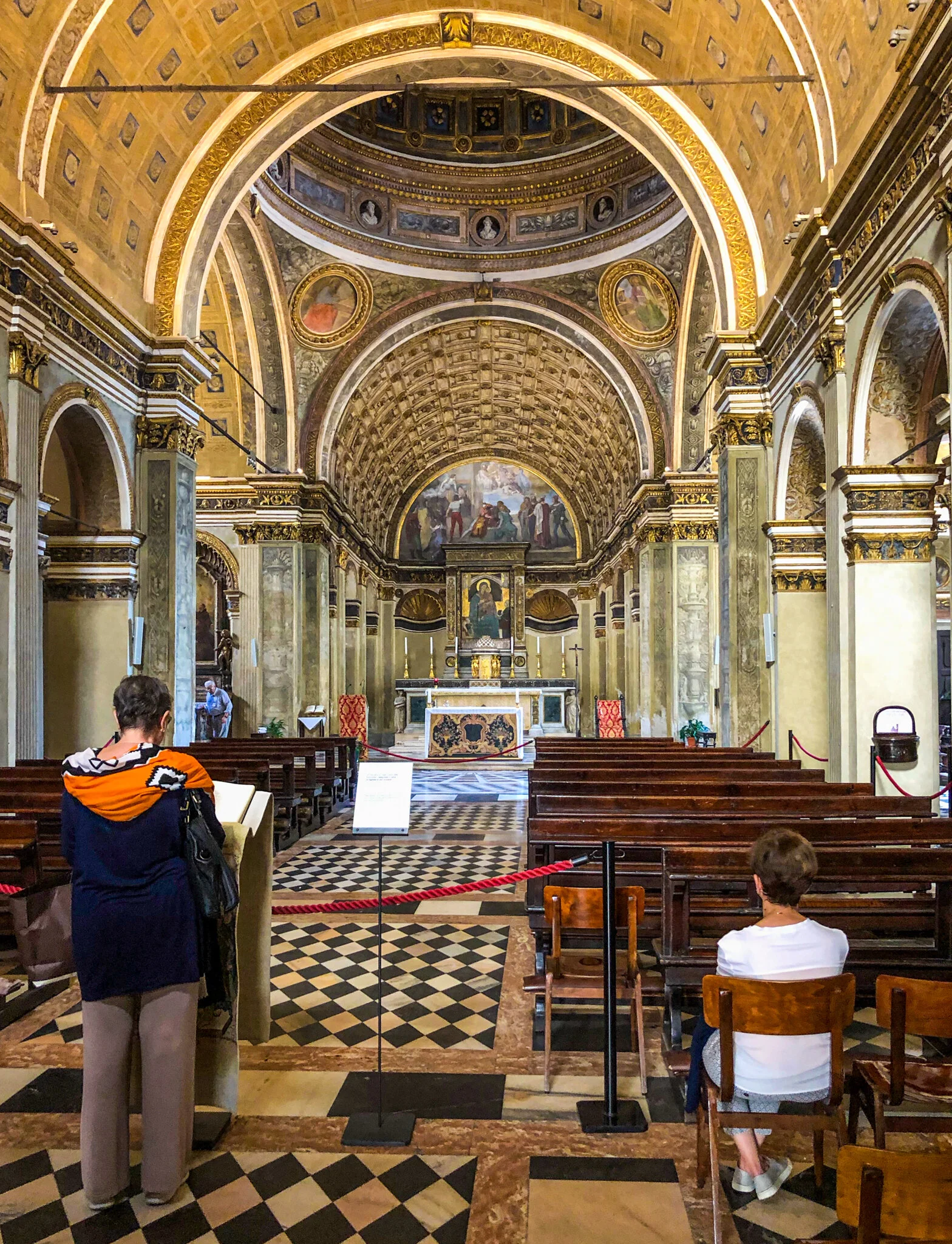 A highlight of my travels in Italy was happening upon small churches, often tucked away within a city or village, with non-descript façades and richly decorative and ornamental interiors.  Among these delights was Santa Maria presso San Satiro (The