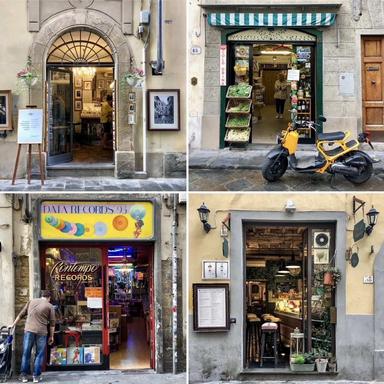  A collage of Florence storefronts: Clockwise from top right: Otto Atelier, a photography gallery; a green grocer and wine shop; Canto del Ramerino, a pizza restaurant; and Contempo Records, a vinyl LP shop.  ************************************  Pho