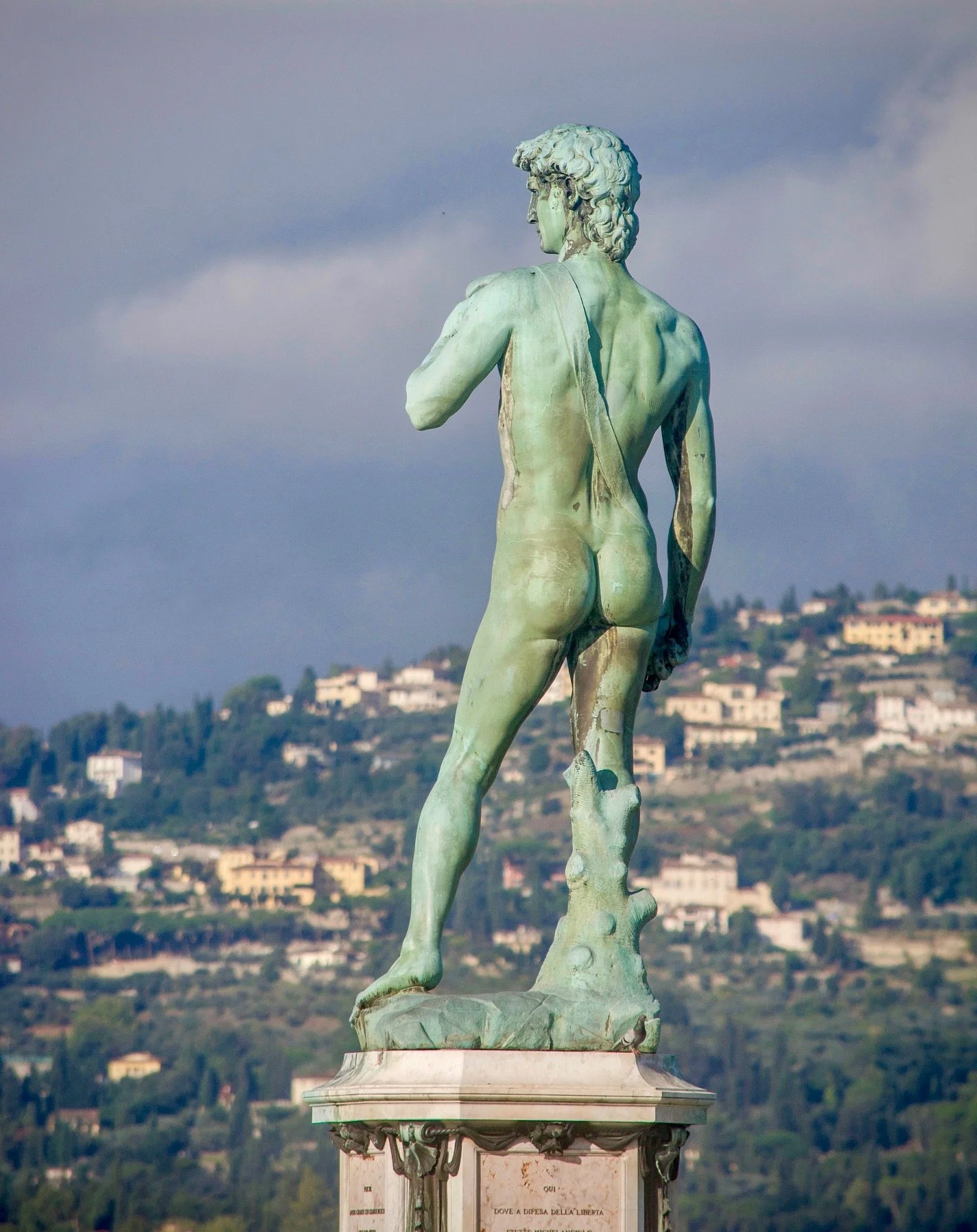  A replica of Michelangelo’s David overlooks Florence from the Piazzale Michelangelo in Florence.  