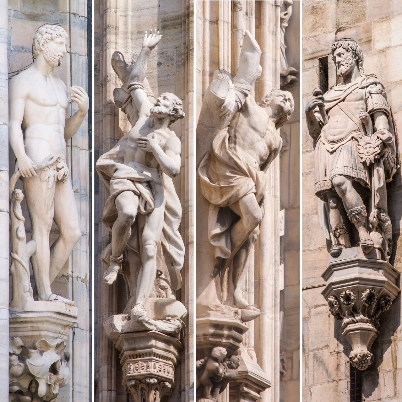 Four sculptures on facade of Milan Cathedral