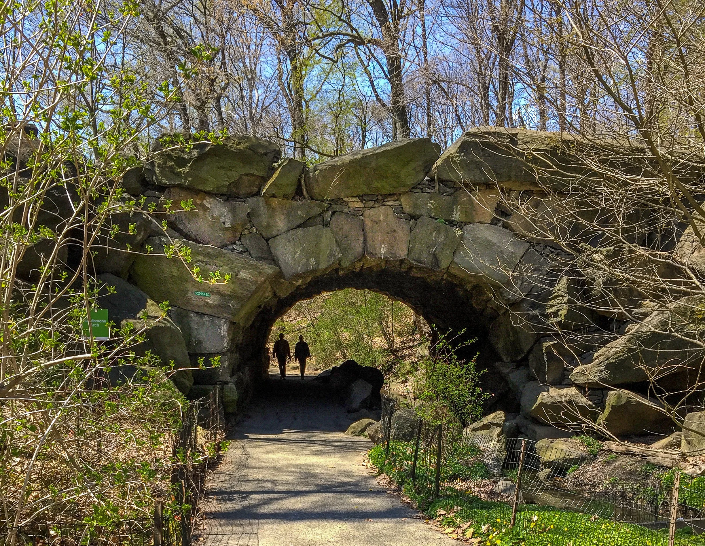  Huddlestone Arch in Central Park’s rustic Ravine was constructed with Manhattan schist boulders that were “huddled” together without any mortar or steel supports. One of the slabs reportedly weighs 100 tons. Central Park co-creator Calvert Vaux and 
