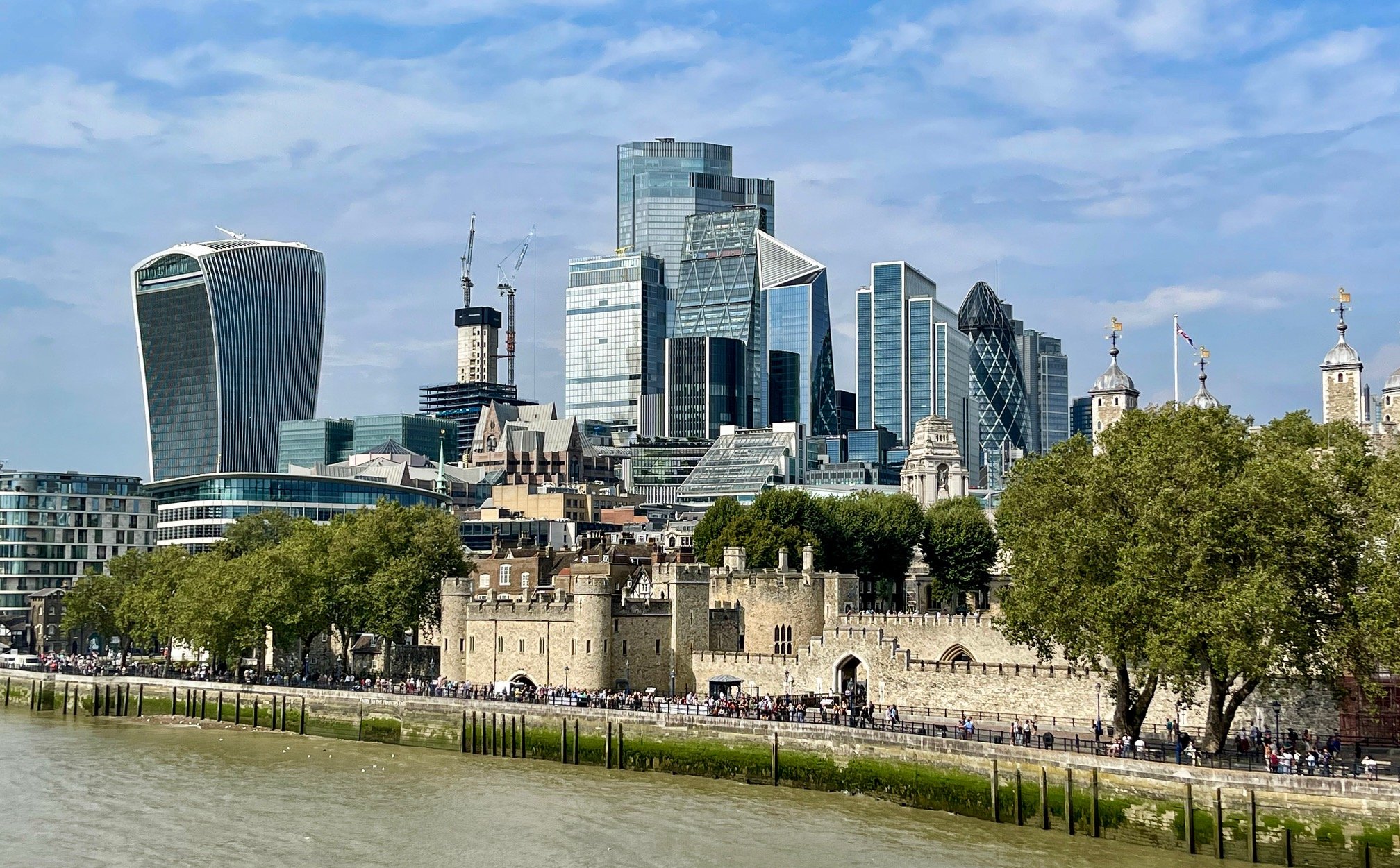 My photo of the north bank on the River Thames features the old and the new: the Tower of London, right, and a cluster of skyscrapers—among which are the Walkie Talkie (otherwise known as 20 Fenchurch Street), far left, and The Gerkin, the egg-shape