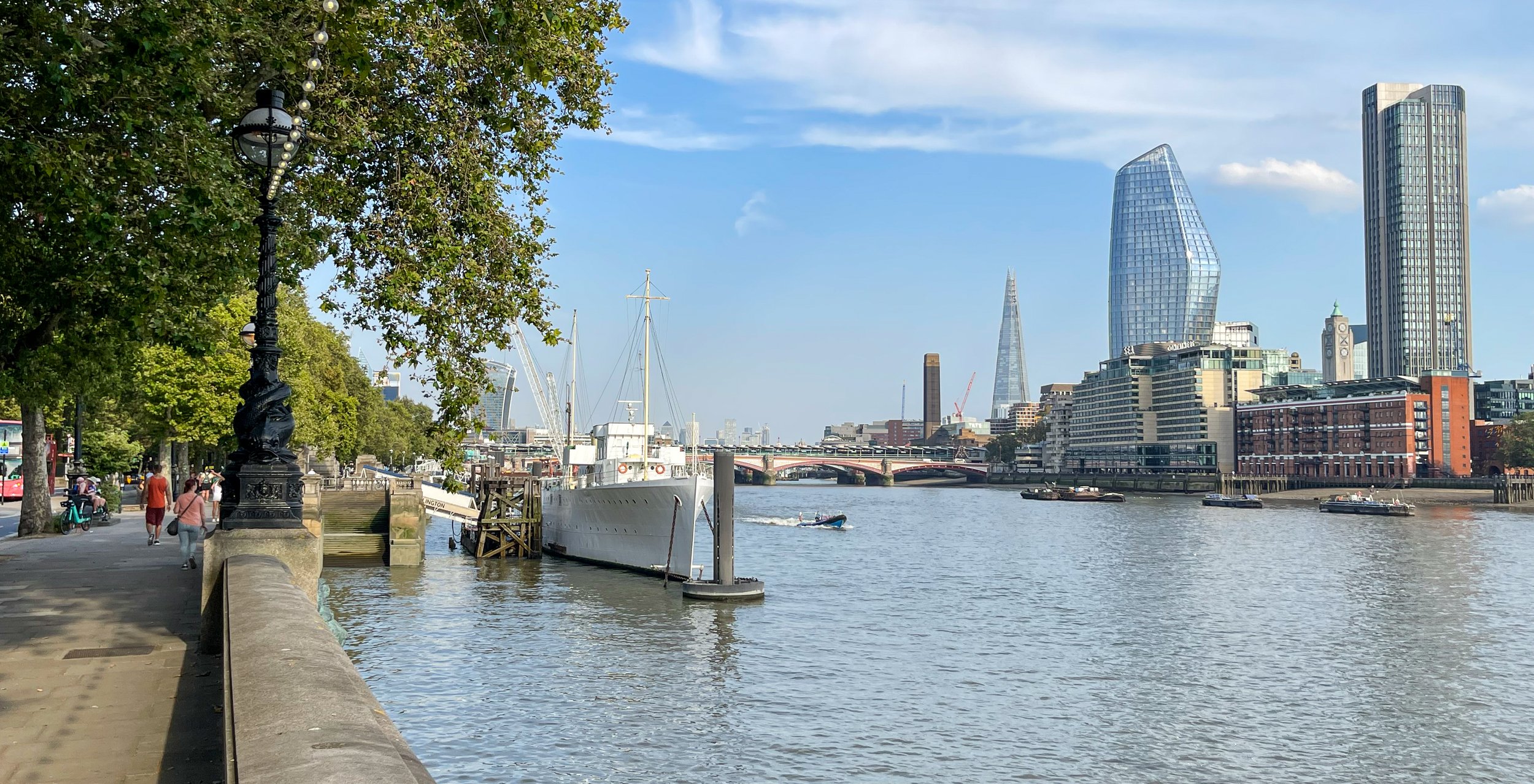 A London perspective from the Victoria Embankment on the South Bank of the River Thames.