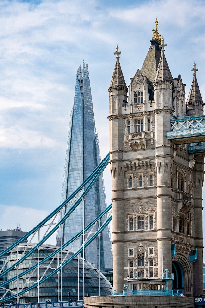 The south tower of the Tower Bridge and the Shard, the tallest skyscraper in London.