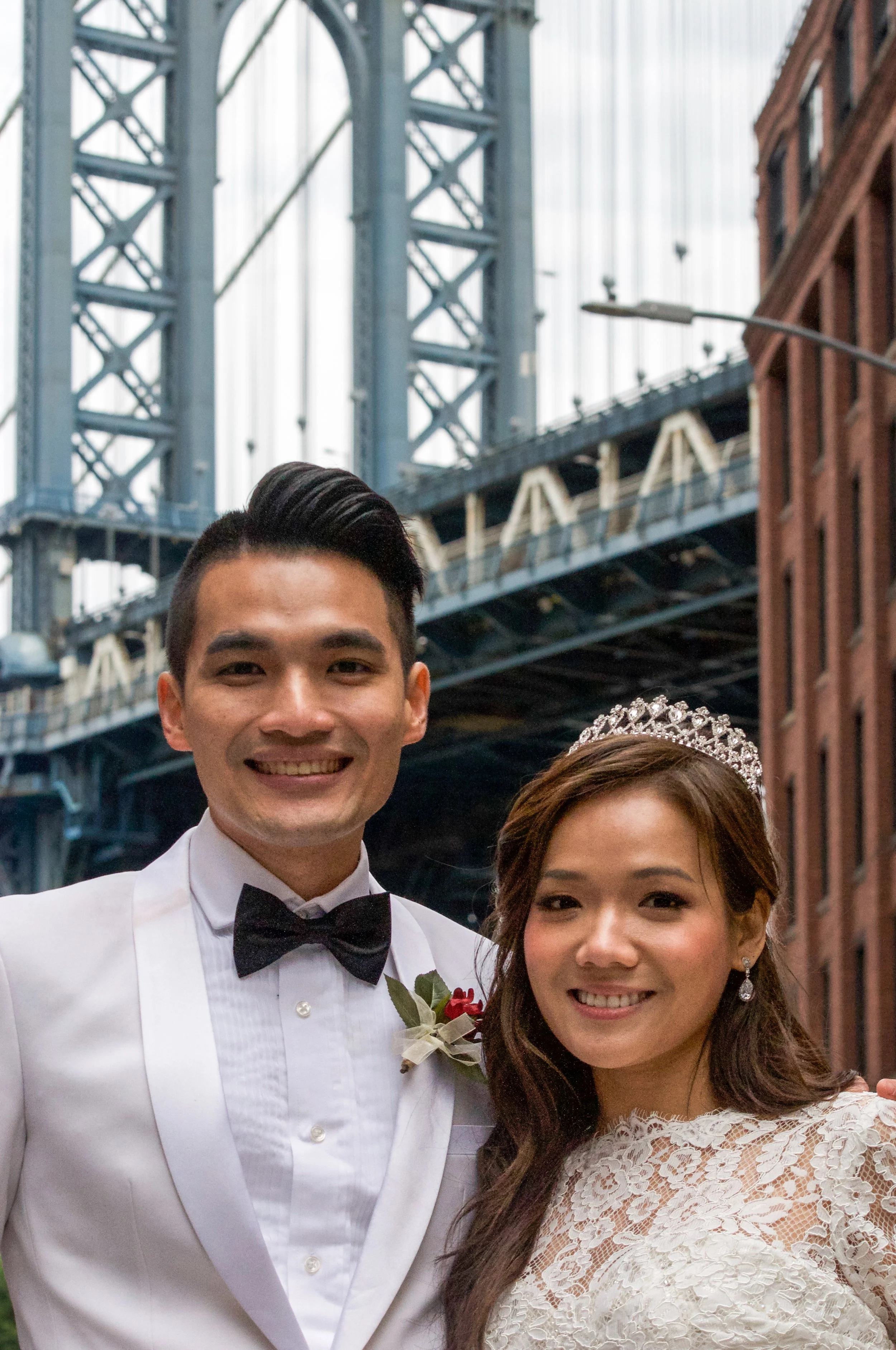  Newlyweds in the shadows of the Manhattan Bridge at Washington Street in Brooklyn.&nbsp; 