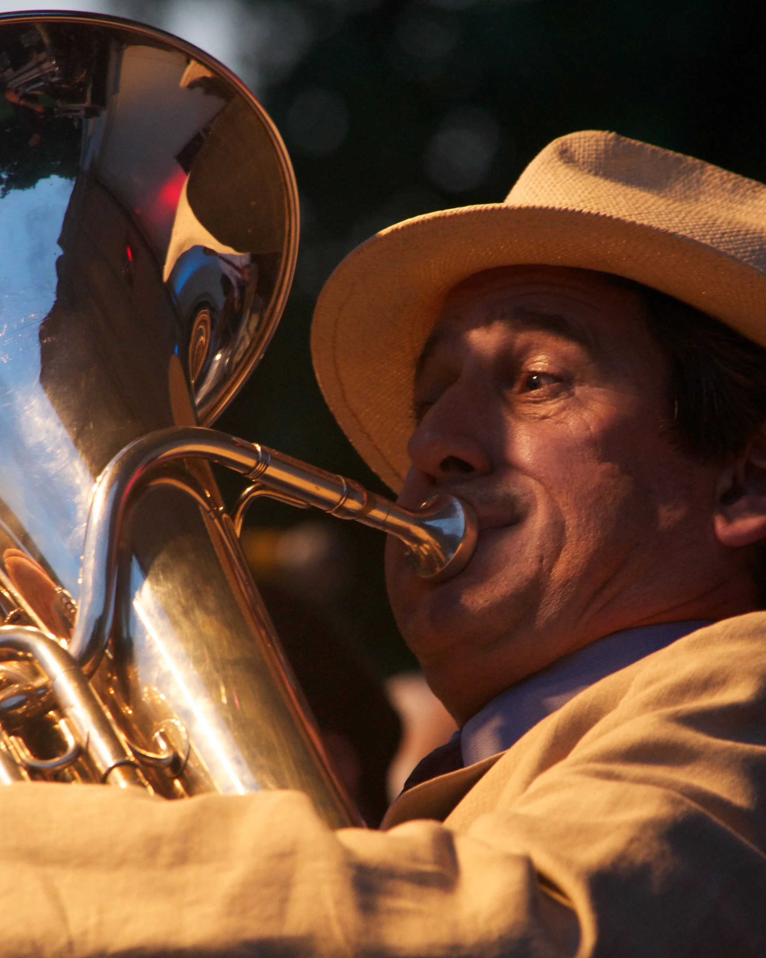   A tuba player performs with Baby Soda, a jazz band, at Old Westbury Gardens, Old Westbury, New York.   