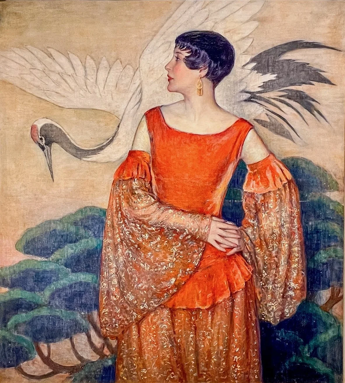  “Lady in Charlotte’s Dress” is a painting by Frederic Edwin Church (1876-1975). The oil-on-canvas artwork was created in 1928 and reflects the Art Deco style of the era. This fine painting is featured in the current “Deco 100” exhibition at the  @na