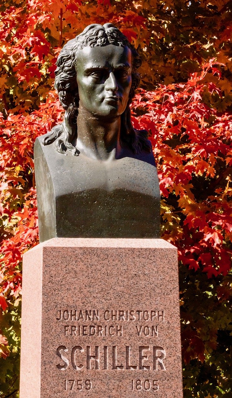 A bust of German poet Johann C.F. von Schiller (1795–1805), sculpted by Prussian Charles Ludwig Richter, is located at the Mall in Central Park. Originally installed in the Ramble in 1859 due to the nature-oriented themes of his poetry, the monument