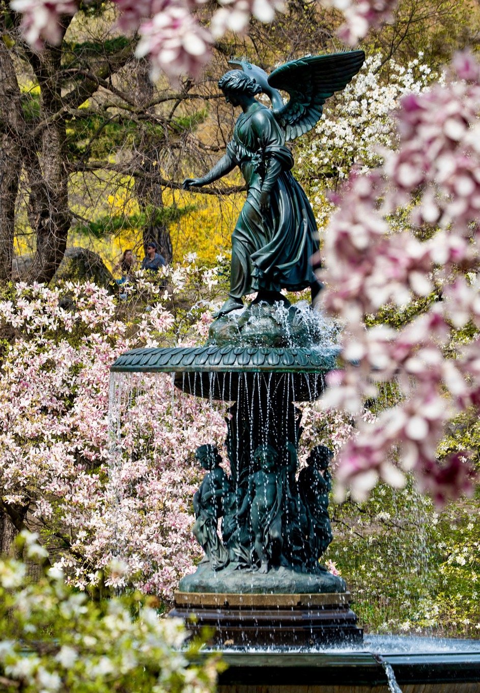  The Angel of the Waters is the centerpiece of Bethesda Fountain in Central Park. This eight-foot bronze statue, depicting a winged female figure with a lily, was crafted by Emma Stebbins, the first woman to obtain a public art commission in New York