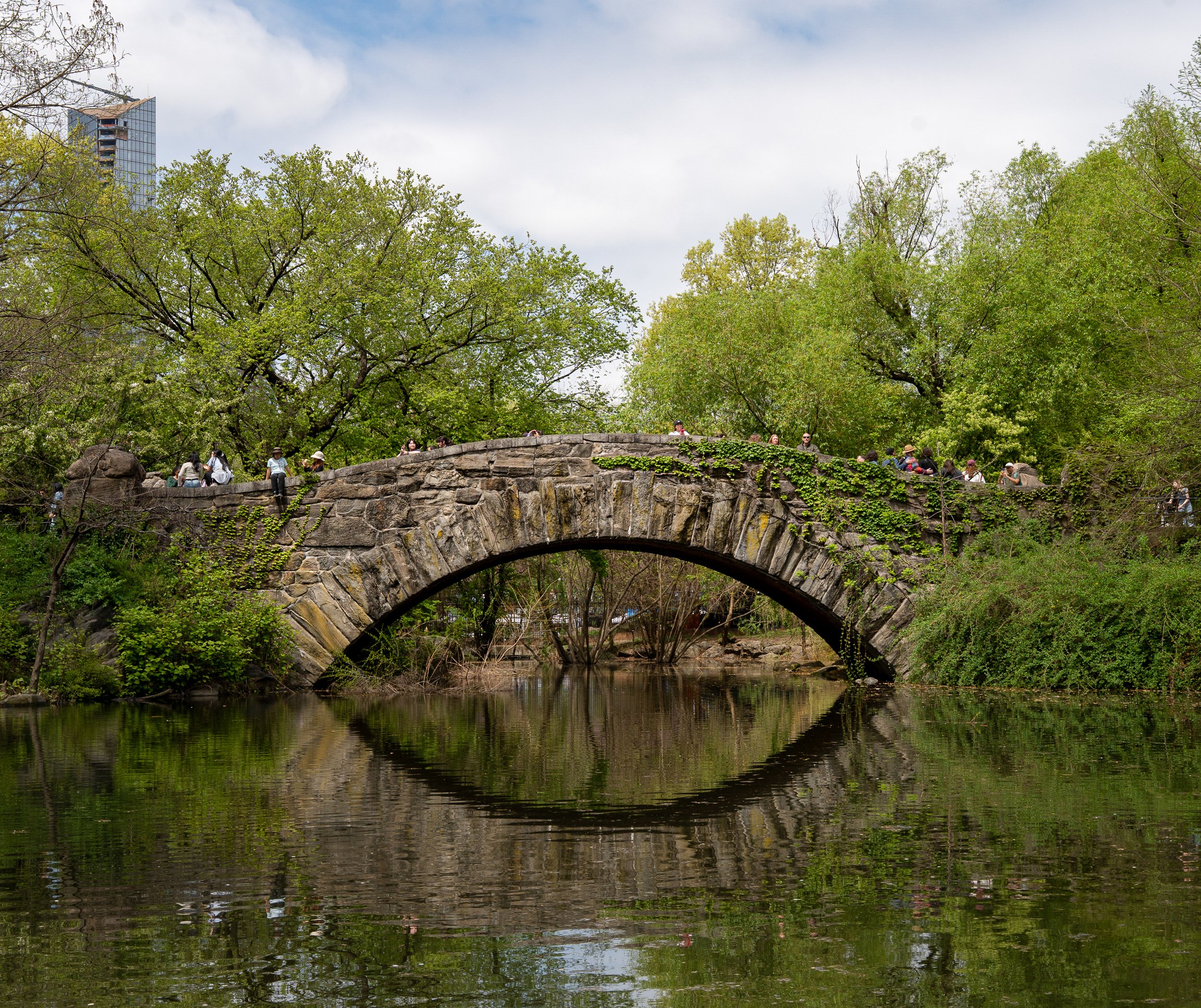  The vine-adorned Gapstow Bridge is probably the most photographed pedestrian span in Central Park. The current Scheist stone bridge, however, is not the original version.  Calvert Vaux, who created the park with fellow landscape architect Frederick 