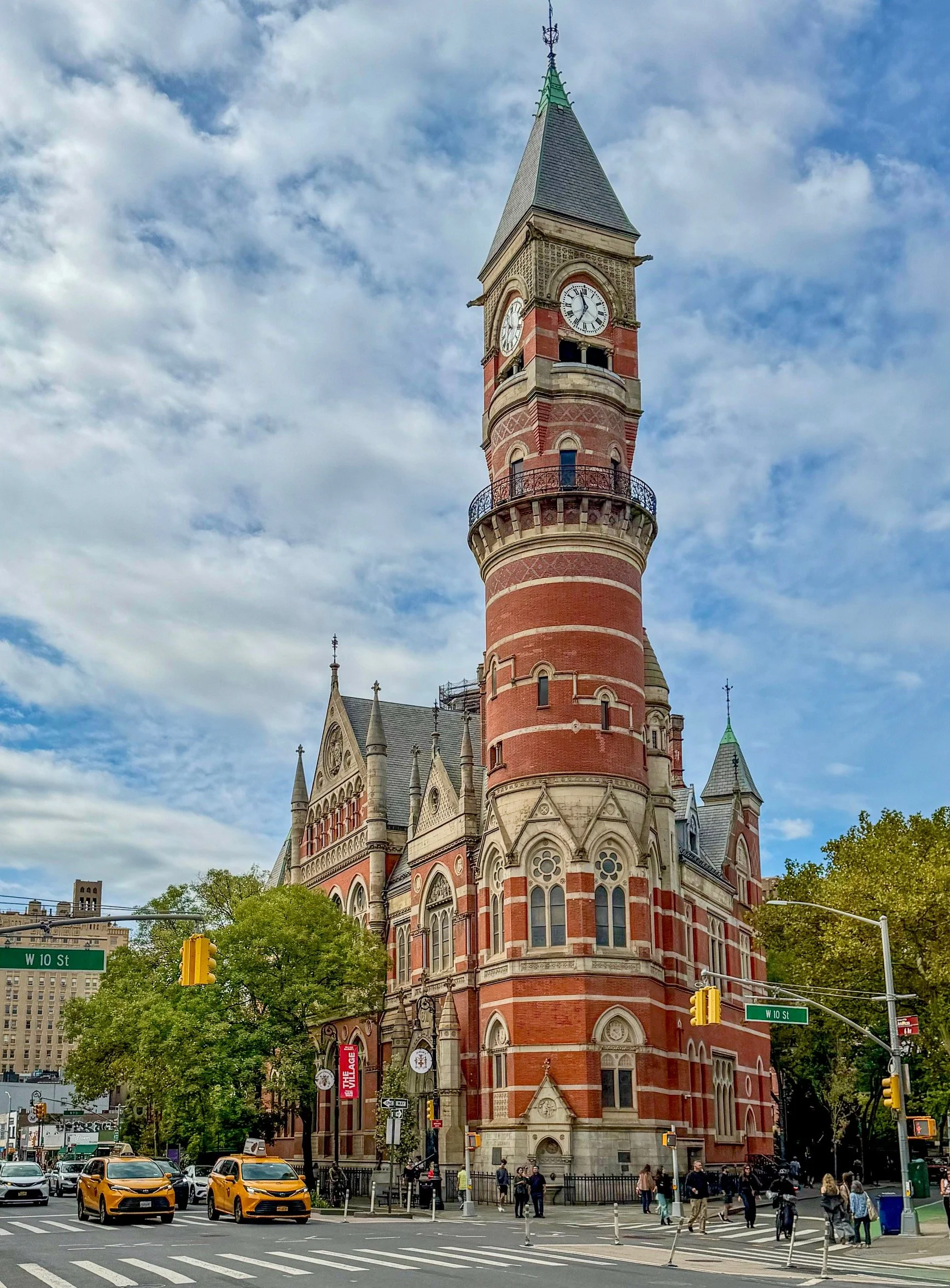  The Jefferson Market Library’s clock tower rises over the Avenue of the Americas (Sixth Avenue) in Greenwich Village. Calvert Vaux, co-creator of Central Park, designed this Victorian Gothic building with Frederick Clarke Withers, and construction w