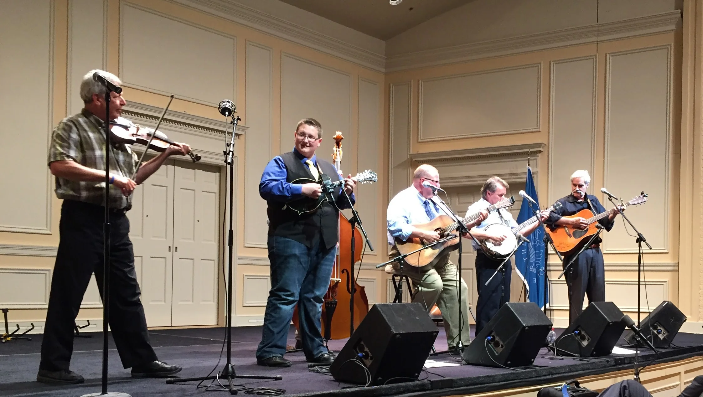 L-R: TJ Lundy, Ryan Paisley, Michael Paisley (bass fiddle, hidden), Danny Paisley, David Reed, Hugh Campbell