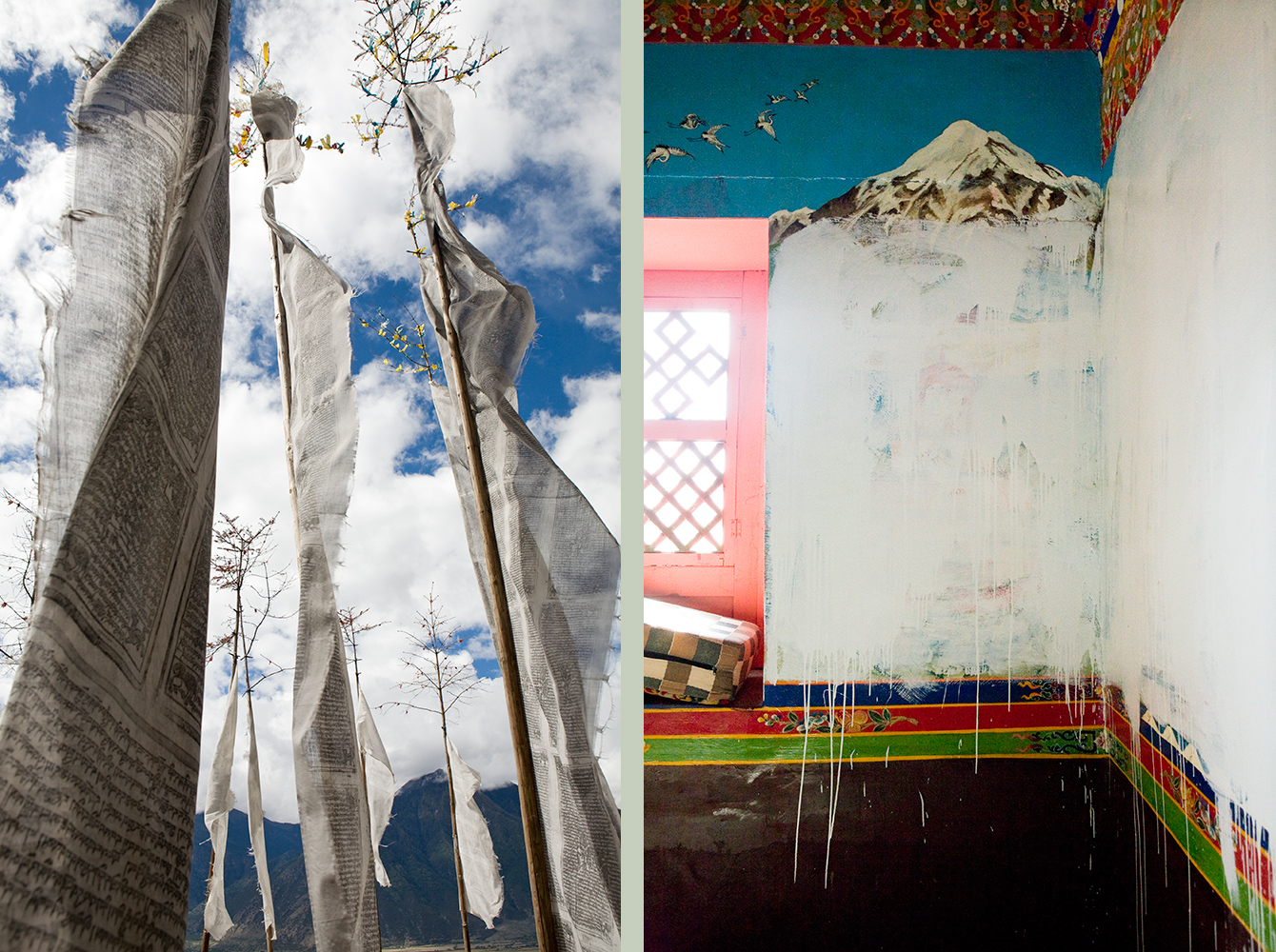  In the town of Nyingtri, Bön prayer flags whip in the wind, left.   A few miles away, a Bön monastery's walls were painted over by the Chinese authorities. It was believed the murals were destroyed because the government does not officially condone 