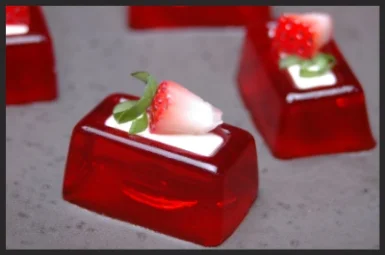 Strawberry Basil Gelee with Sour Cream Panna Cotta - Strawberry juice and gelatin infused with strawberry basil liqueur. Topped with a vanilla bean sour cream panna cotta. Elegant and flavorful. $3.50/piece