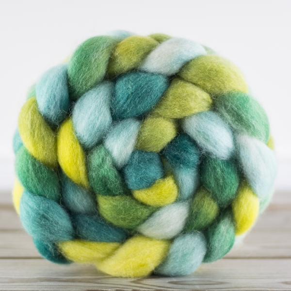 Cheviot Top in Splash. Cheviot has a unique three-dimensional crimp, which spins up into crisp, bouncy yarns.