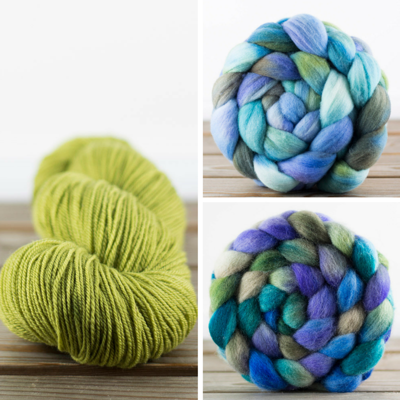 Left: immersion-dyed yarn. Top right: a kettle-dyed bump. Bottom right: a hand-painted bump, in the same colorway.
