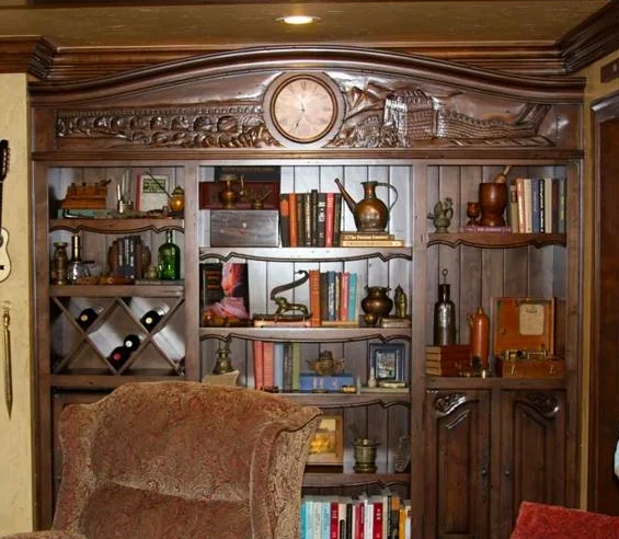  Custom carvings in bookshelf cabinetry 