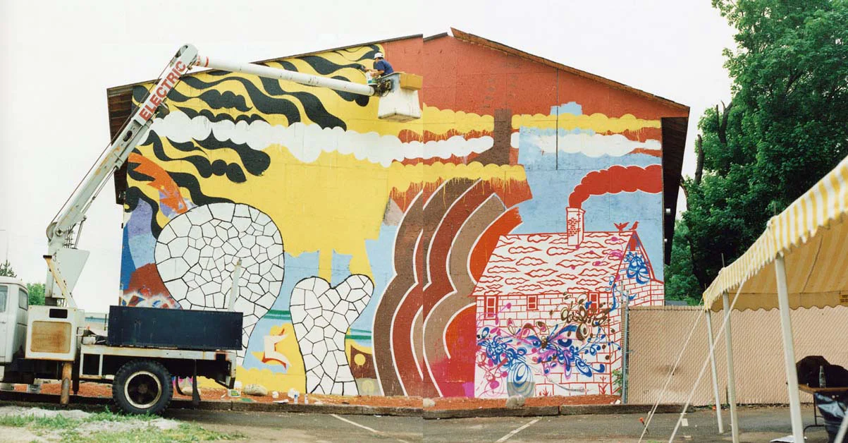installation view, Barnstormers Mural (detail) Binghamton, NY, 2002 with artists José Parlá , Maya Hayuk and Chuck Webster photo by GION