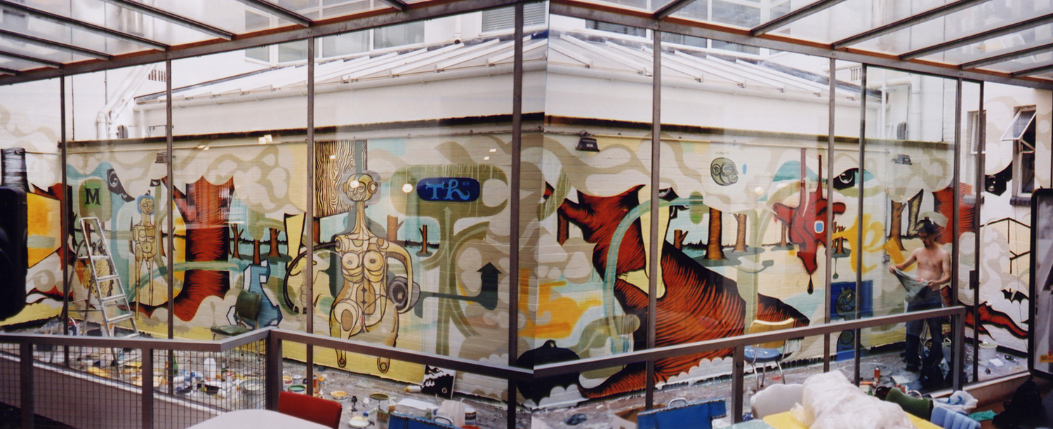  installation view,&nbsp; mural commission for  Mother Agency  London, UK, 2002  with artists  Doze Green  and David Ellis 