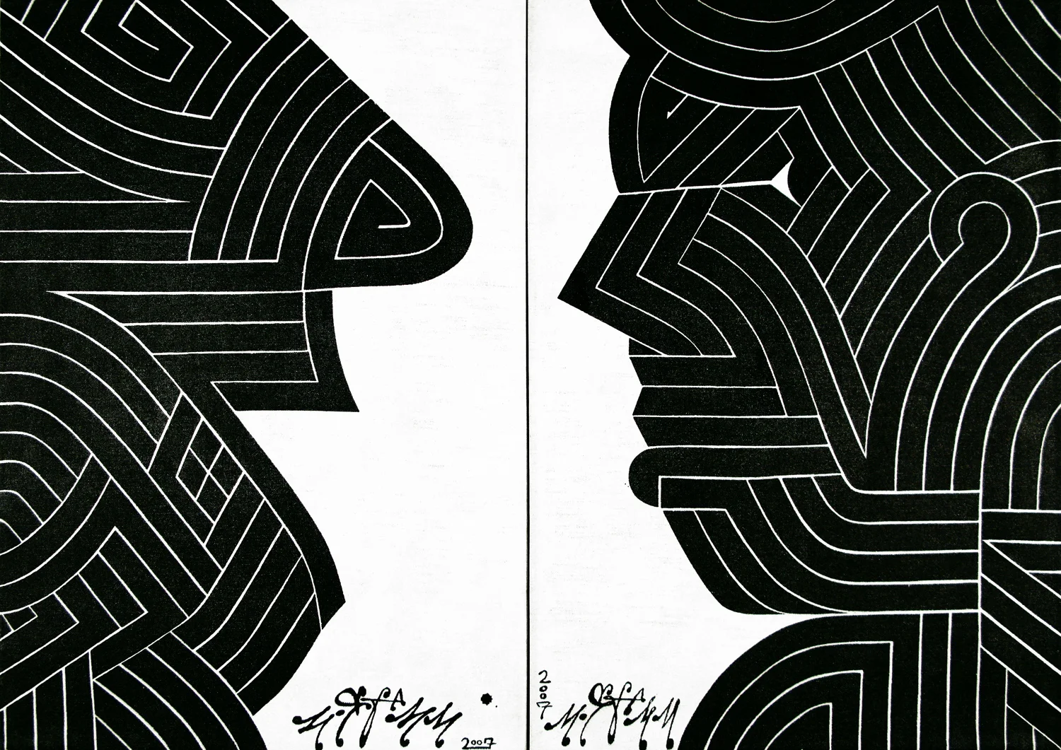 Two Ways To Play The Game, 2007 sumi ink & acrylic on linen two panels, each 42 x 36 inch