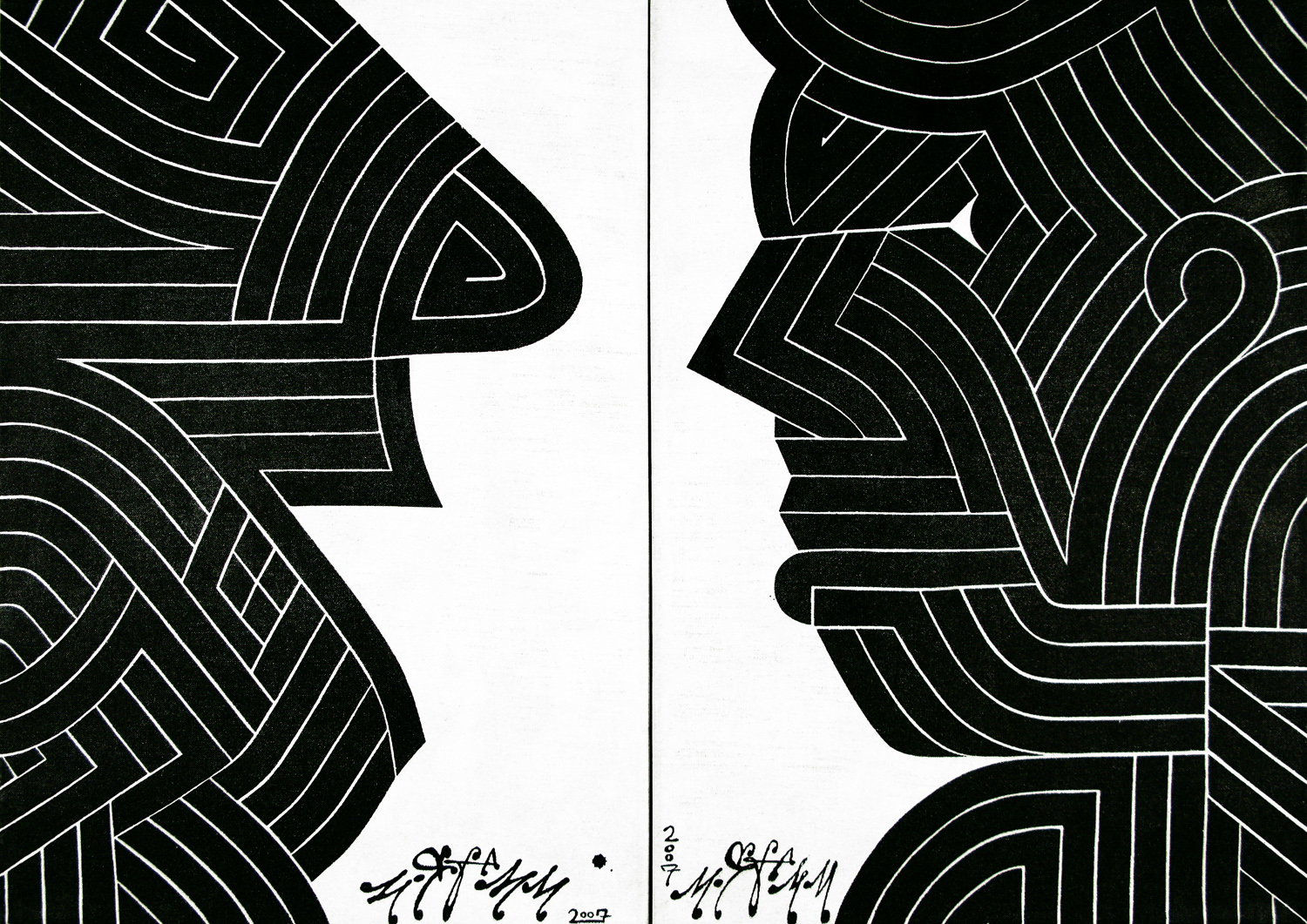  Two Ways To Play The Game, 2007 sumi ink &amp; acrylic on linen two panels, each 42 x 36 inch 