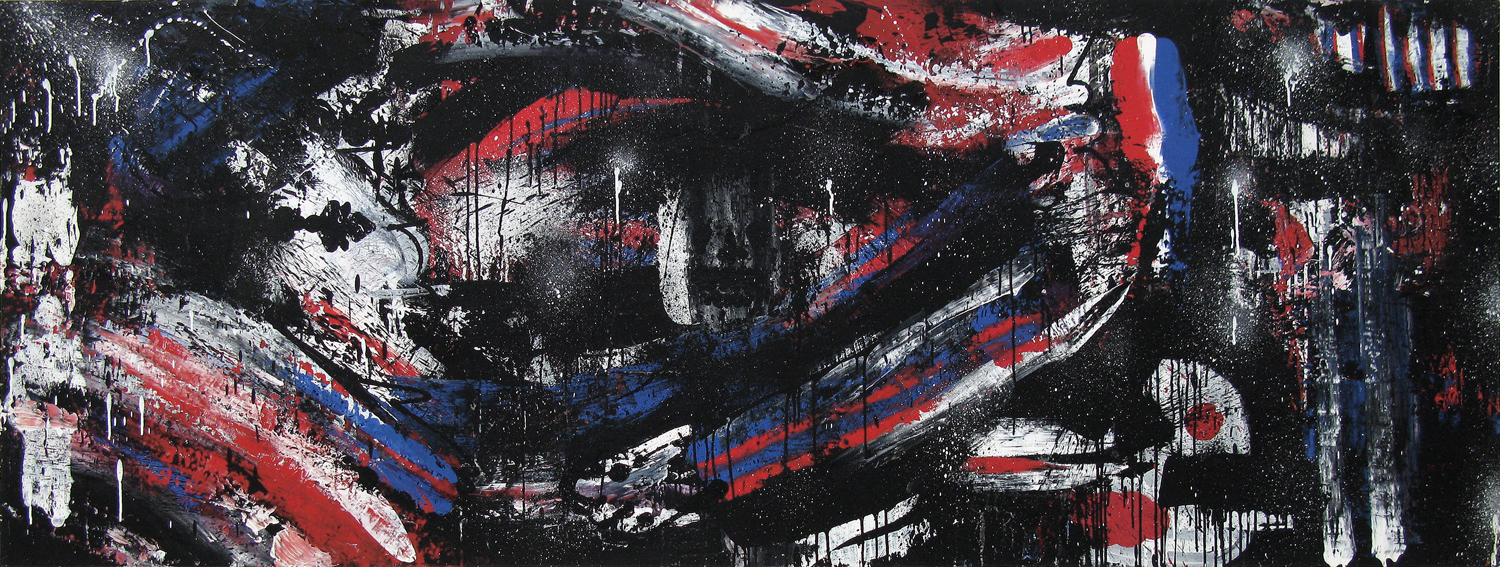  The Final Agreement (D.O.A. Series), 2003 acrylic, ink and aerosol on wood 36 x 96 inch&nbsp; 