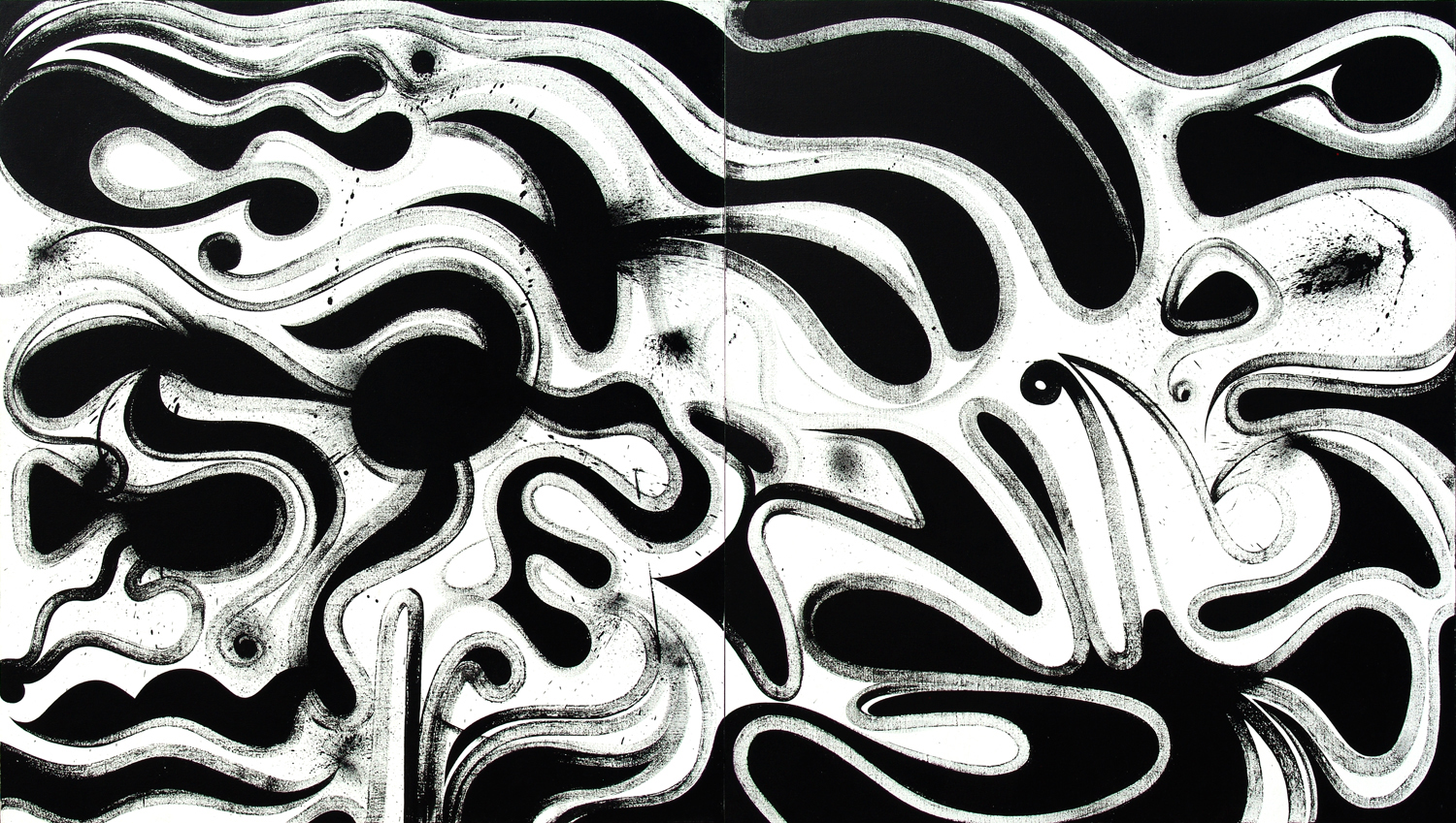  Galactic Cannibalism, 2006 acrylic &amp; sumi ink on linen two panels, each 52 x 48 inch&nbsp; overall 52 x 96 inch&nbsp; 