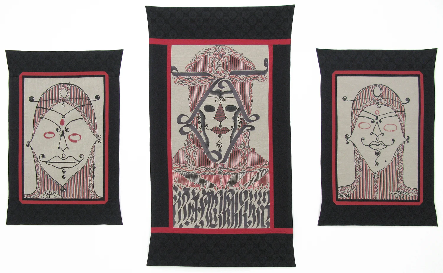 L to R: Wise Owl Brother I, Wise Owl in Full Bloom I, Wise Owl Brother II, 2008 ink on linen & satin dimensions vary