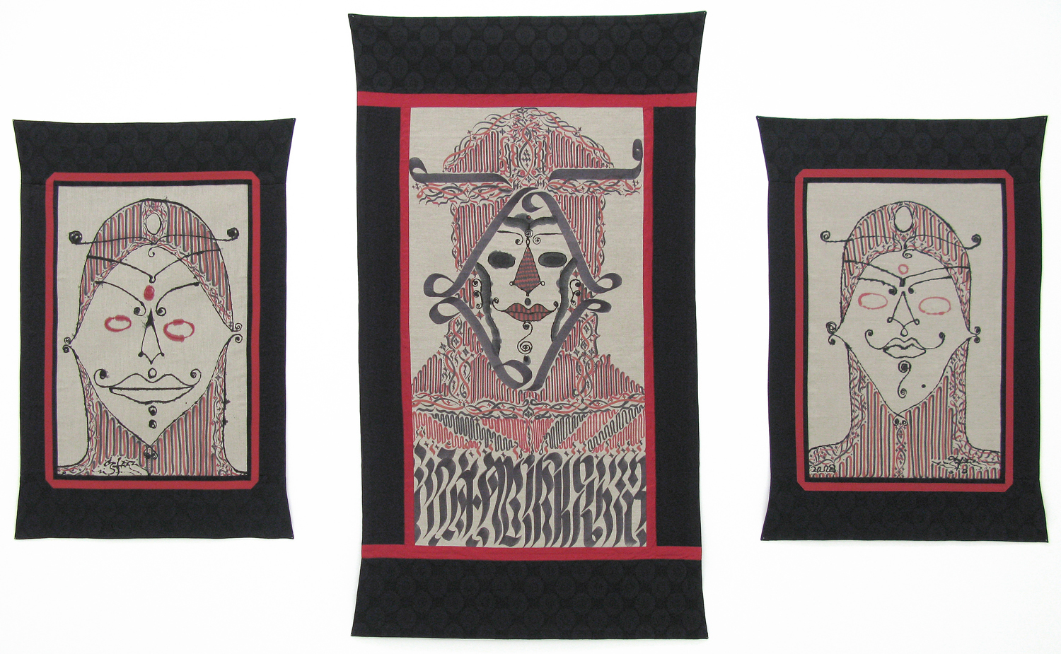  L to R: Wise Owl Brother I, Wise Owl in Full Bloom I, Wise Owl Brother II, 2008 ink on linen &amp; satin dimensions vary 